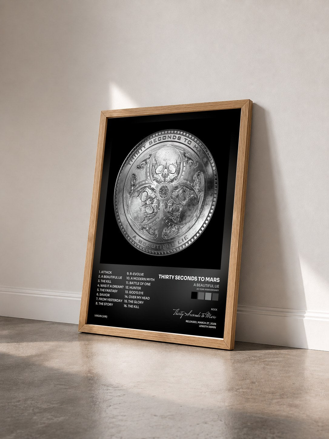 #bois Tableau de l'album A Beautiful Lie (20 Year Anniversary) de Thirty Seconds to Mars vu de trois quarts, cadre en bois brut