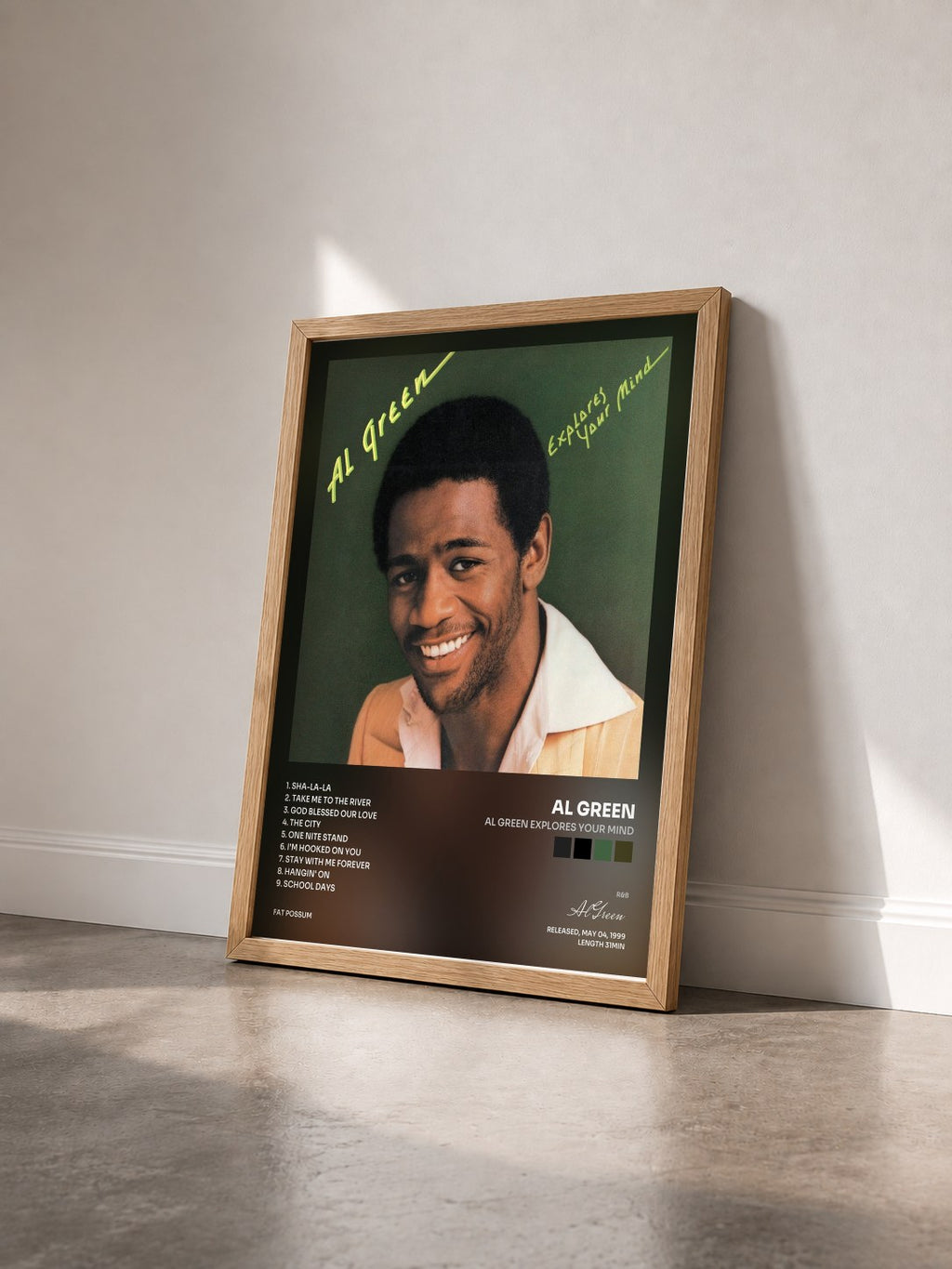 #bois Tableau de l'album Al Green Explores Your Mind de Al Green vu de trois quarts, cadre en bois brut