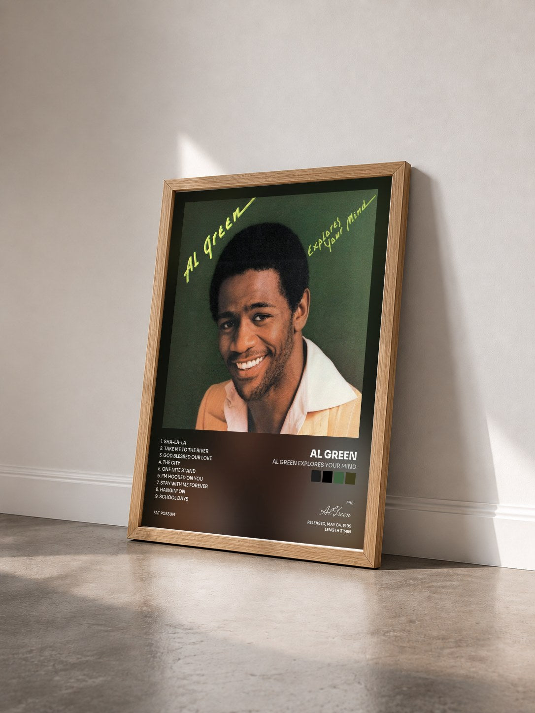 #bois Tableau de l'album Al Green Explores Your Mind de Al Green vu de trois quarts, cadre en bois brut