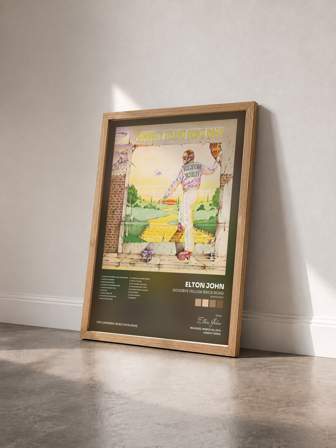 #bois Tableau de l'album Goodbye Yellow Brick Road (Remastered) de Elton John vu de trois quarts, cadre en bois brut