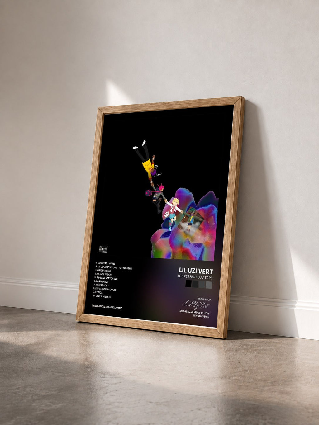 #bois Tableau de l'album The Perfect LUV Tape de Lil Uzi Vert vu de trois quarts, cadre en bois brut