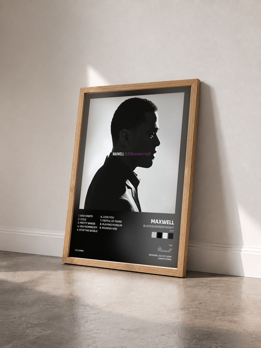 #bois Tableau de l'album BLACKsummers'night (2009) de Maxwell vu de trois quarts, cadre en bois brut