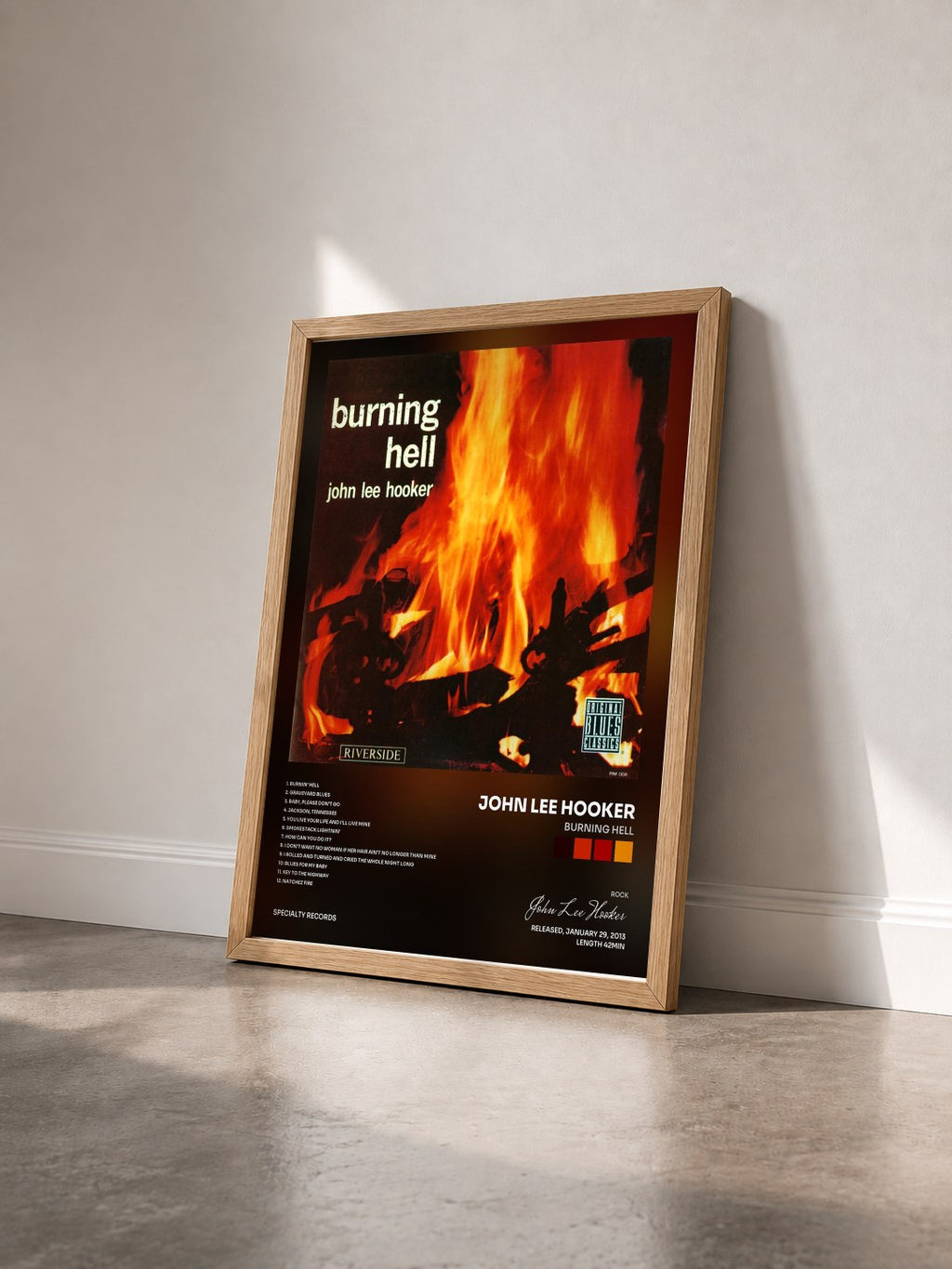 #bois Tableau de l'album Burning Hell de John Lee Hooker vu de trois quarts, cadre en bois brut