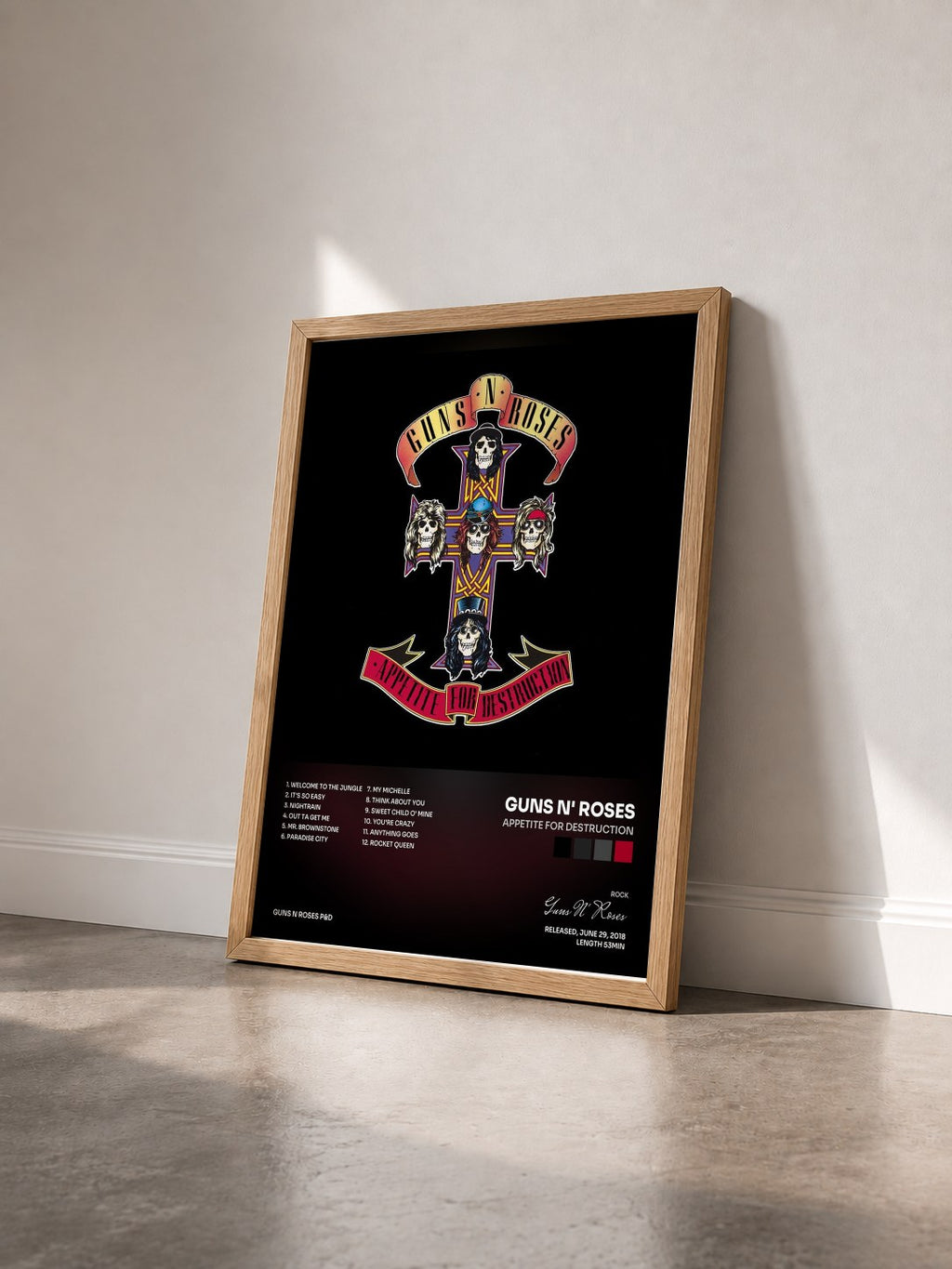 #bois Tableau de l'album Appetite For Destruction de Guns N' Roses vu de trois quarts, cadre en bois brut