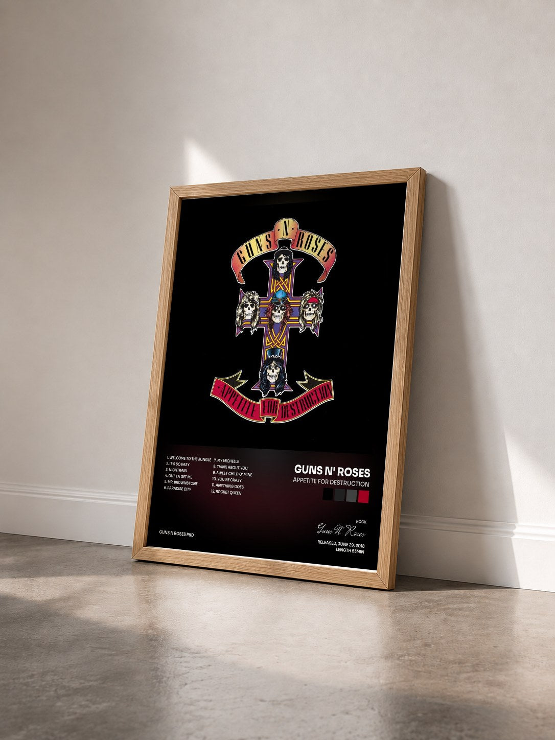 #bois Tableau de l'album Appetite For Destruction de Guns N' Roses vu de trois quarts, cadre en bois brut
