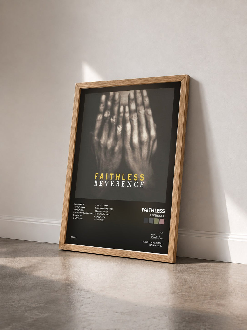 #bois Tableau de l'album Reverence de Faithless vu de trois quarts, cadre en bois brut