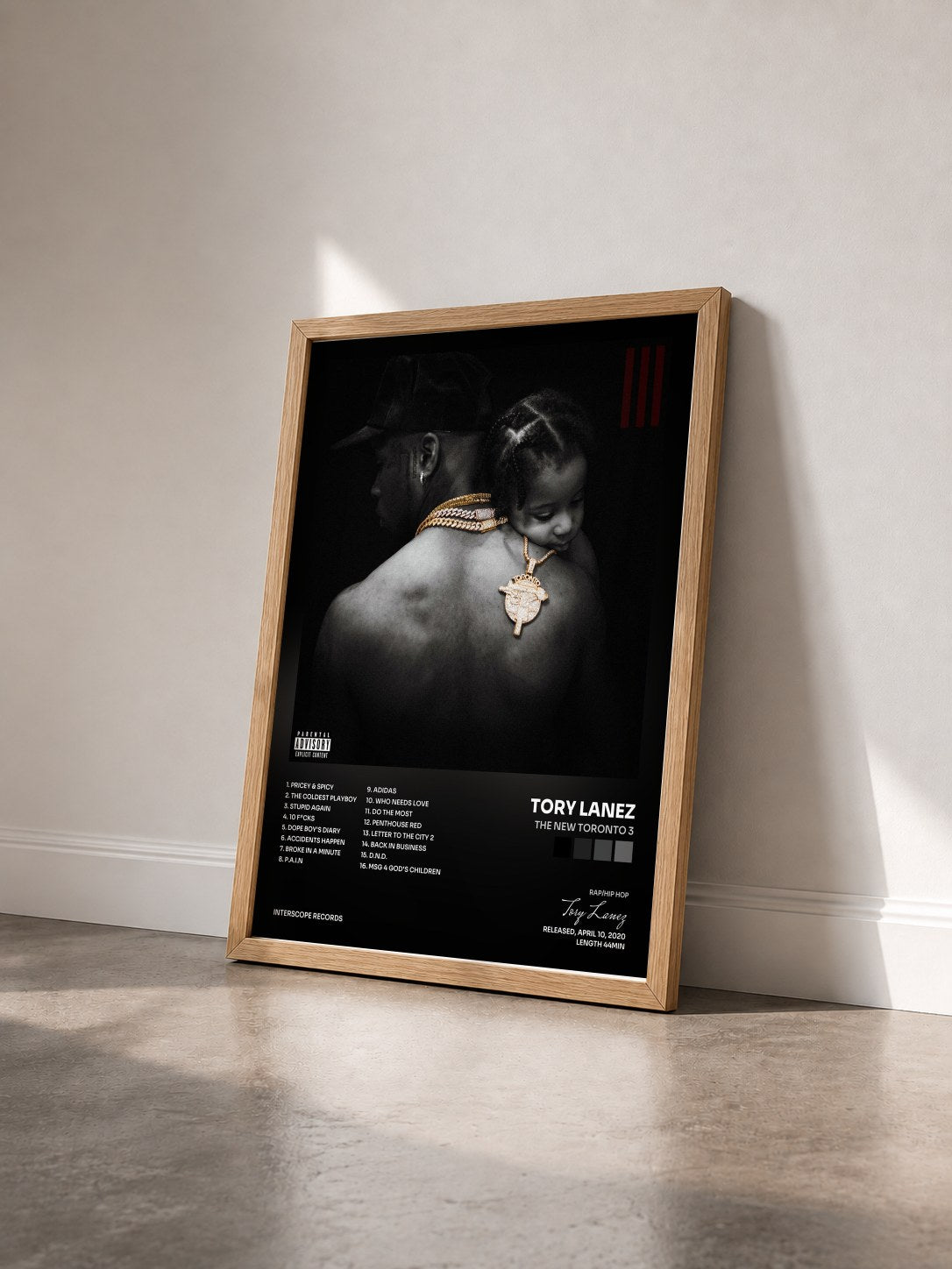 #bois Tableau de l'album The New Toronto 3 de Tory Lanez vu de trois quarts, cadre en bois brut