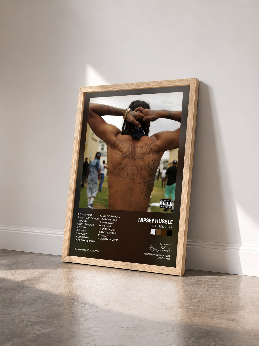#bois Tableau de l'album Slauson Boy 2 de Nipsey Hussle vu de trois quarts, cadre en bois brut