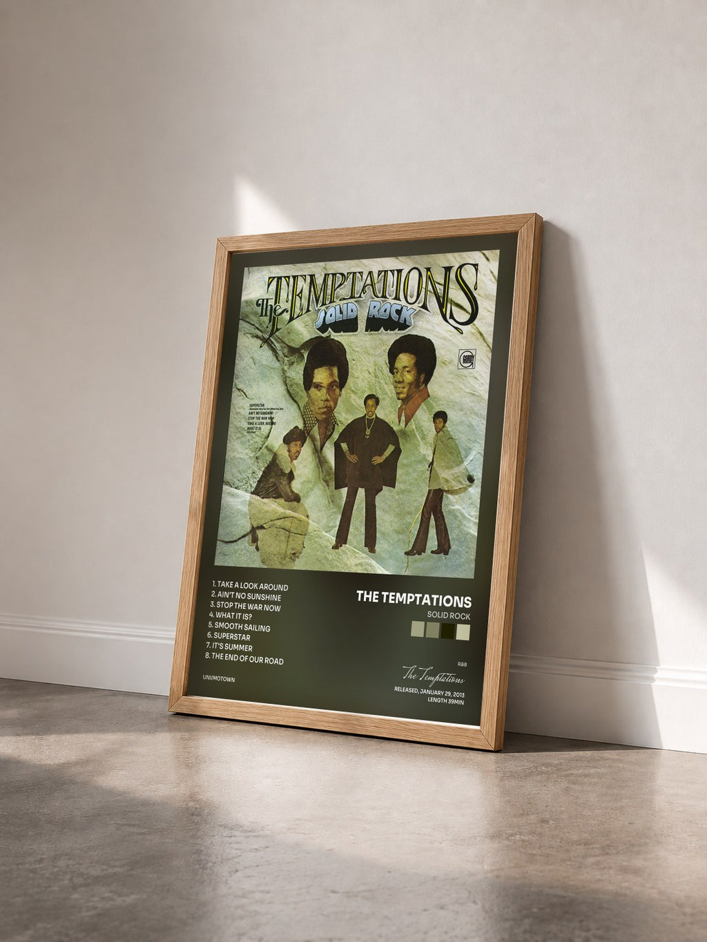 #bois Tableau de l'album Solid Rock de The Temptations vu de trois quarts, cadre en bois brut