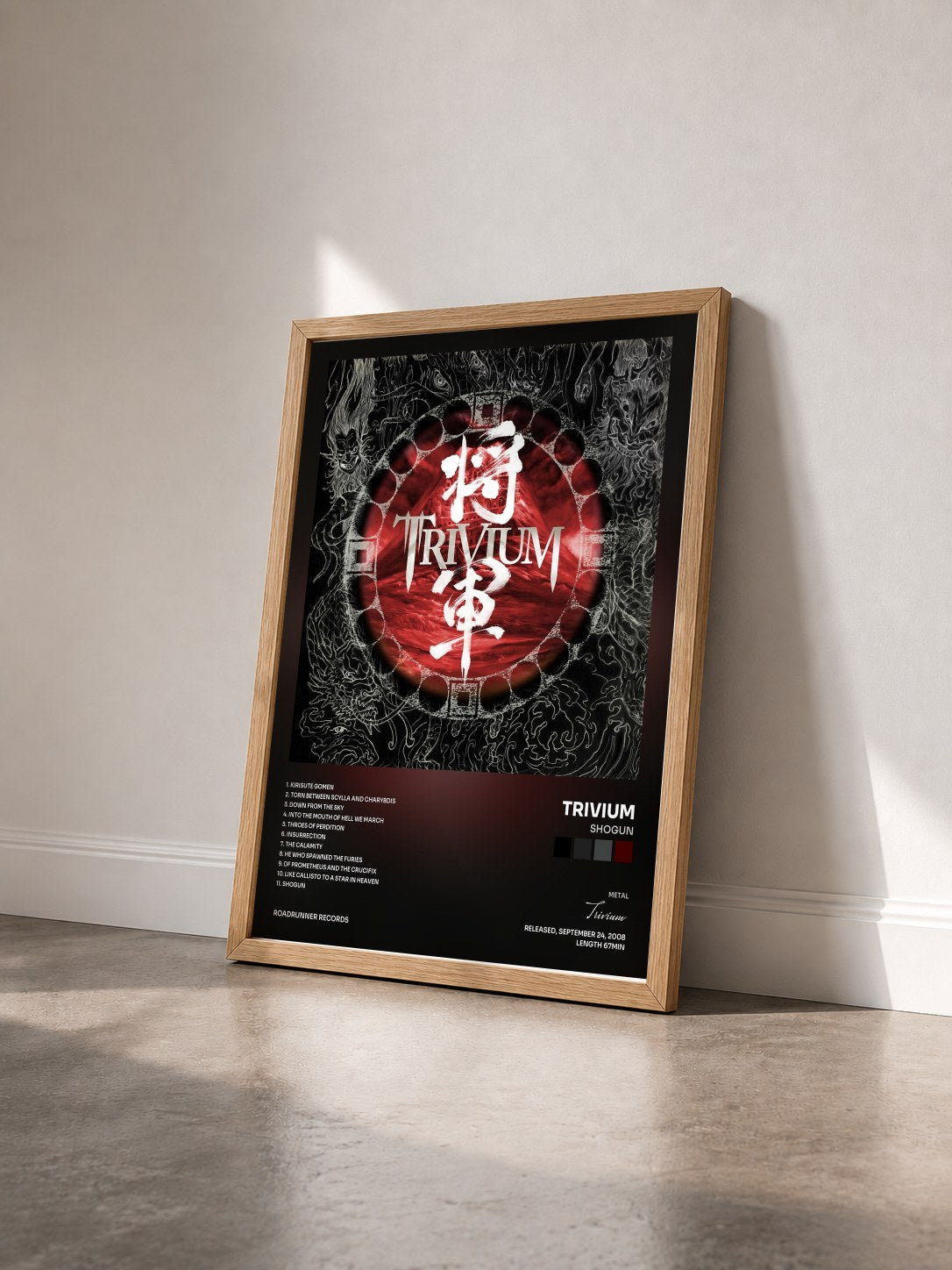 #bois Tableau de l'album Shogun de Trivium vu de trois quarts, cadre en bois brut