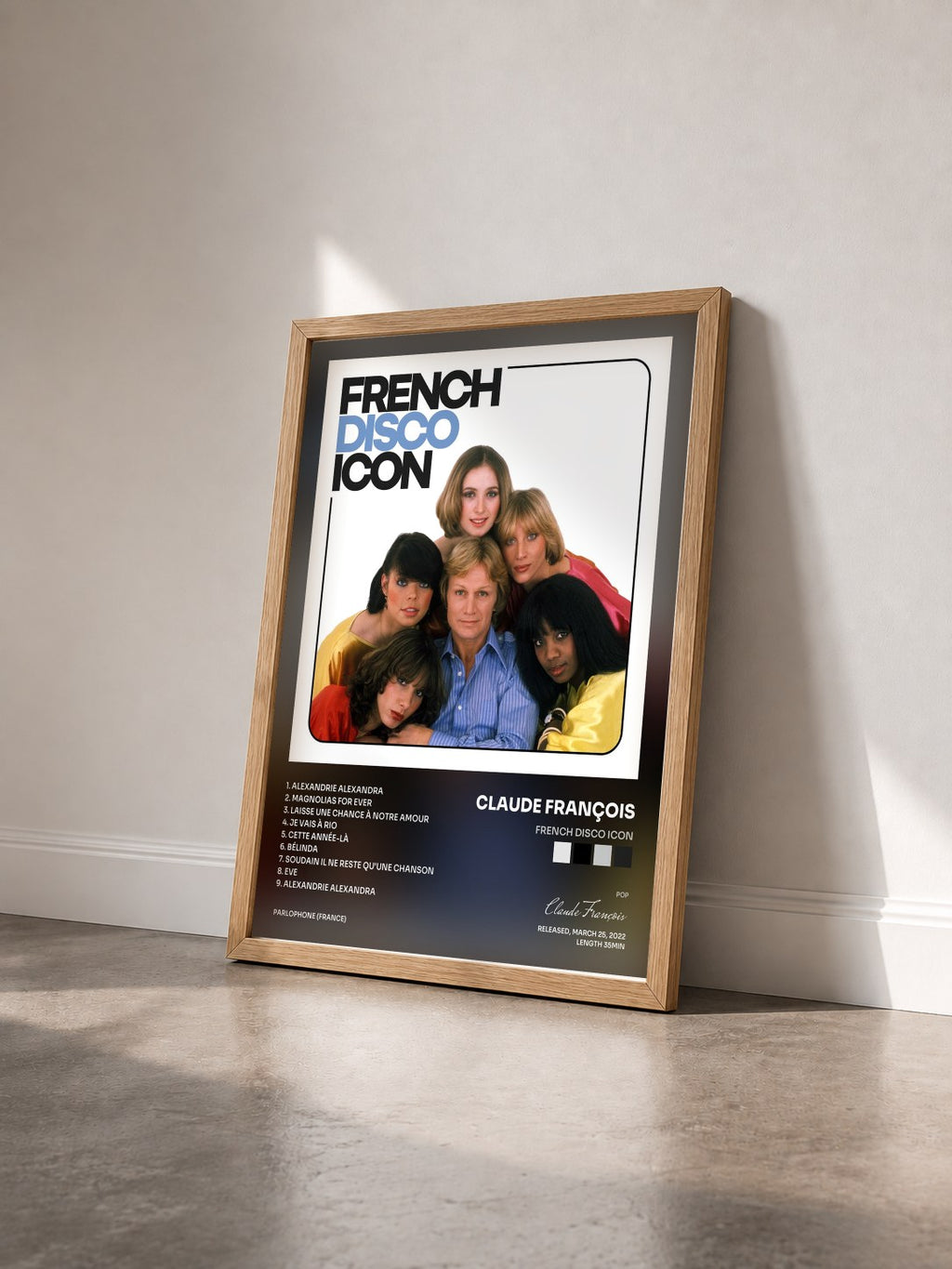 #bois Tableau de l'album French Disco Icon de Claude François vu de trois quarts, cadre en bois brut