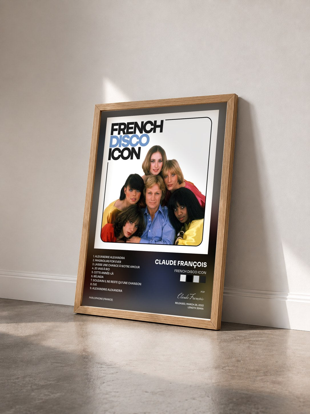 #bois Tableau de l'album French Disco Icon de Claude François vu de trois quarts, cadre en bois brut