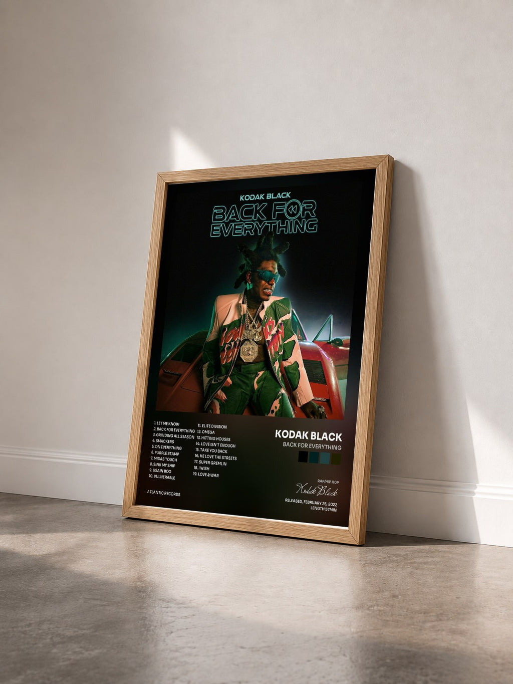 #bois Tableau de l'album Back For Everything de Kodak Black vu de trois quarts, cadre en bois brut