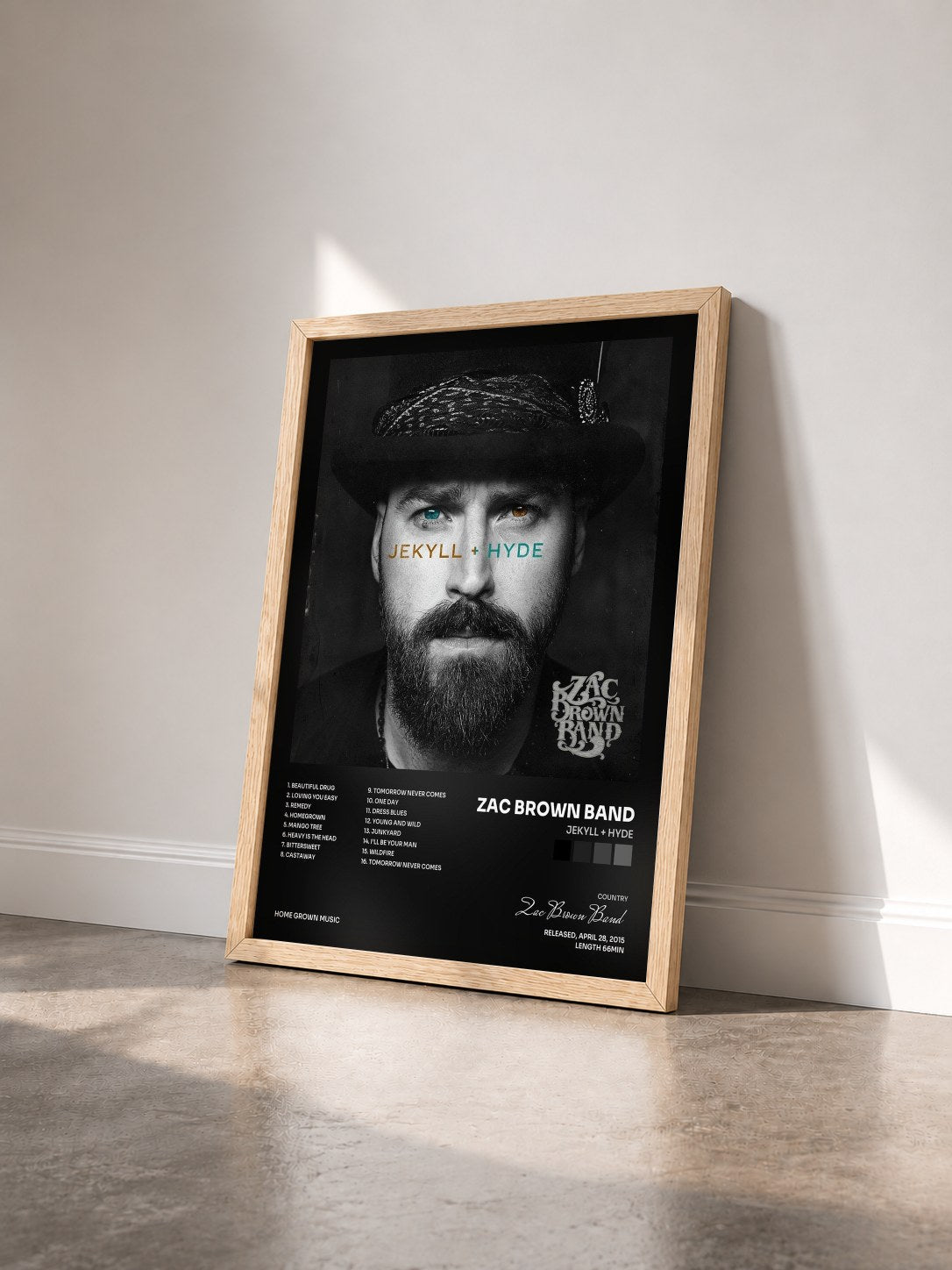 #bois Tableau de l'album JEKYLL + HYDE de Zac Brown Band vu de trois quarts, cadre en bois brut
