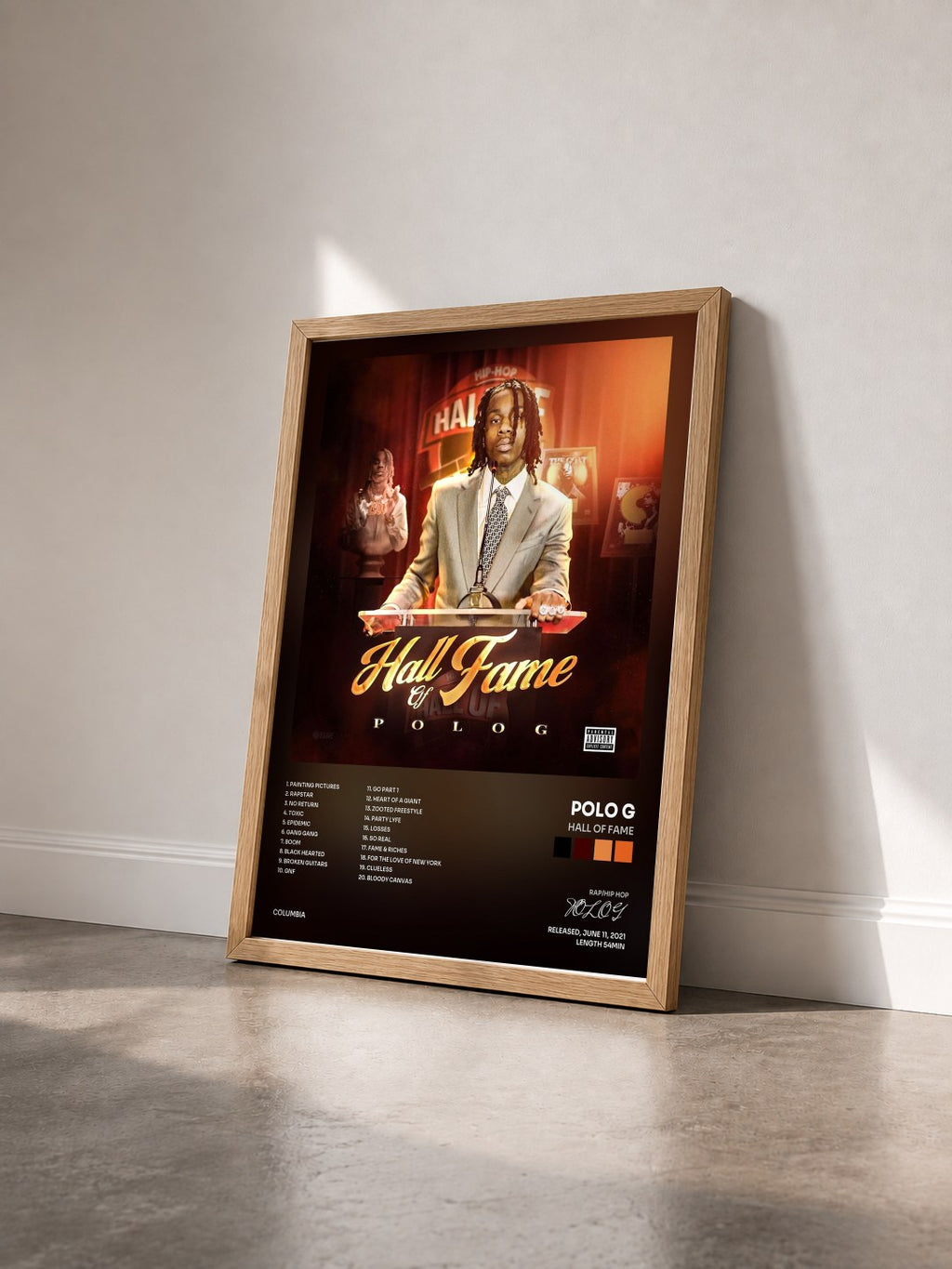#bois Tableau de l'album Hall of Fame de POLO G vu de trois quarts, cadre en bois brut