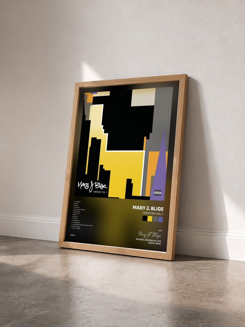 #bois Tableau de l'album HERstory Vol. 1 de Mary J. Blige vu de trois quarts, cadre en bois brut