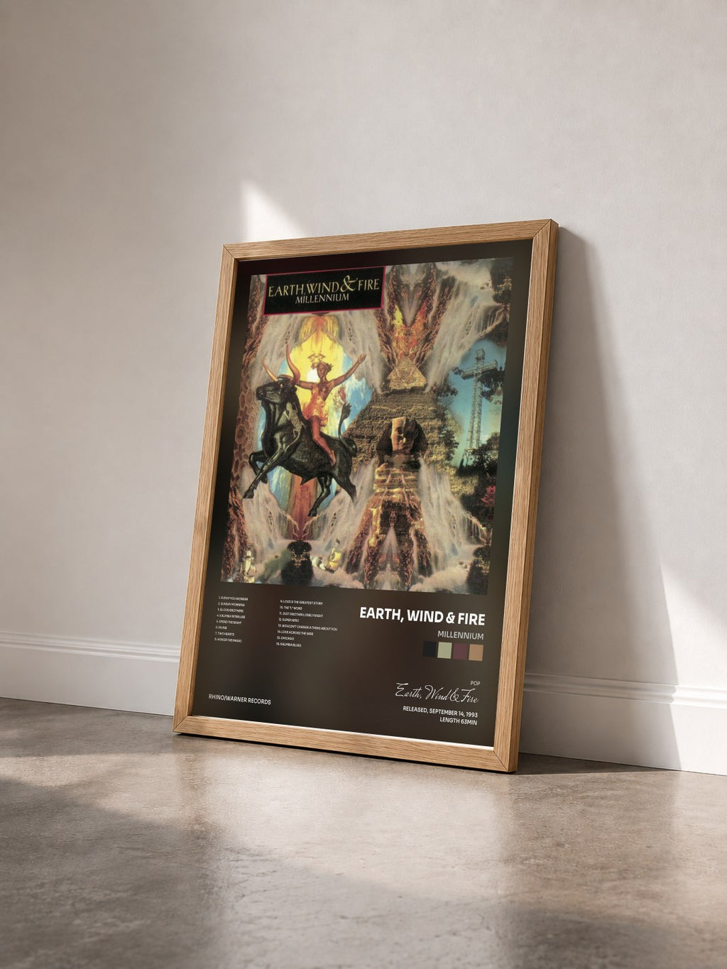 #bois Tableau de l'album Millennium de Earth, Wind & Fire vu de trois quarts, cadre en bois brut