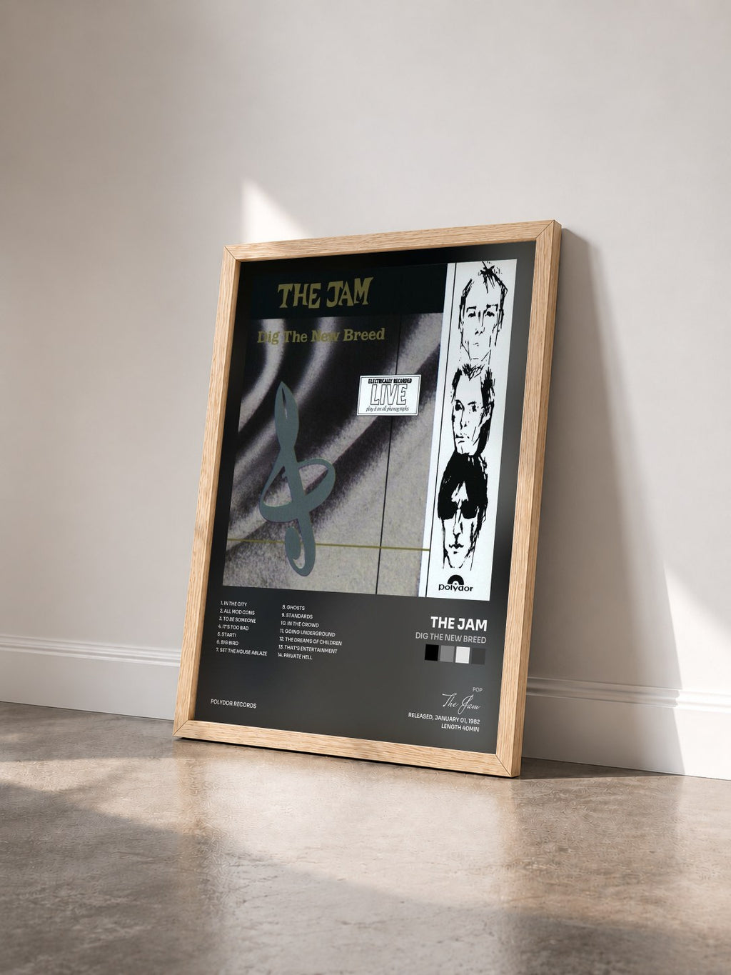 #bois Tableau de l'album Dig The New Breed de The Jam vu de trois quarts, cadre en bois brut