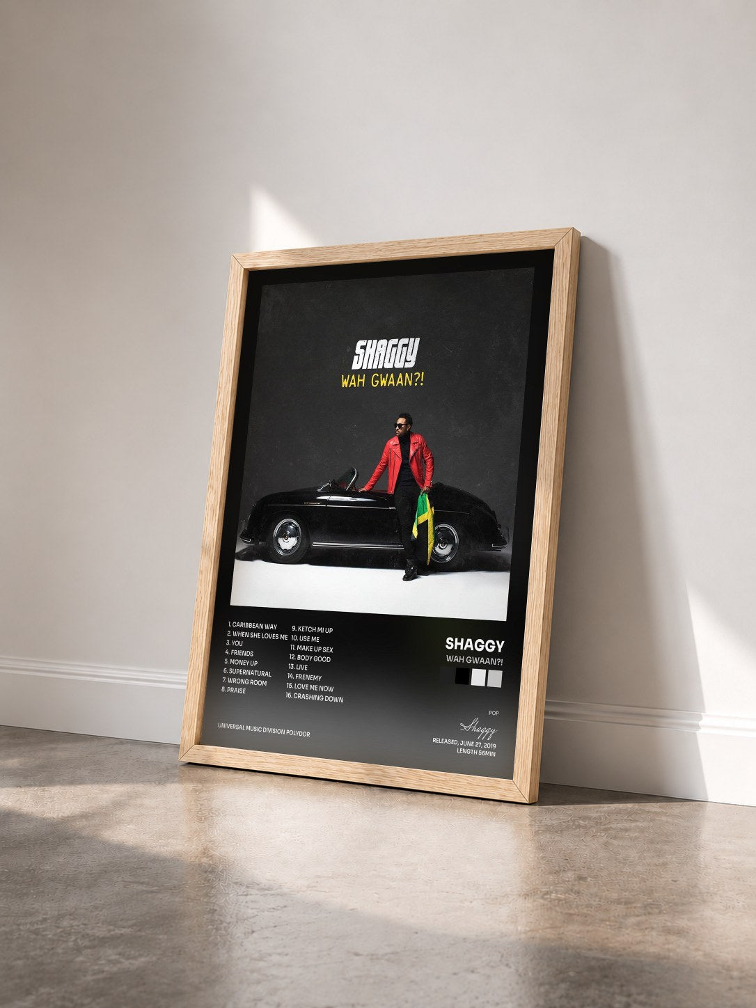 #bois Tableau de l'album Wah Gwaan?! de Shaggy vu de trois quarts, cadre en bois brut