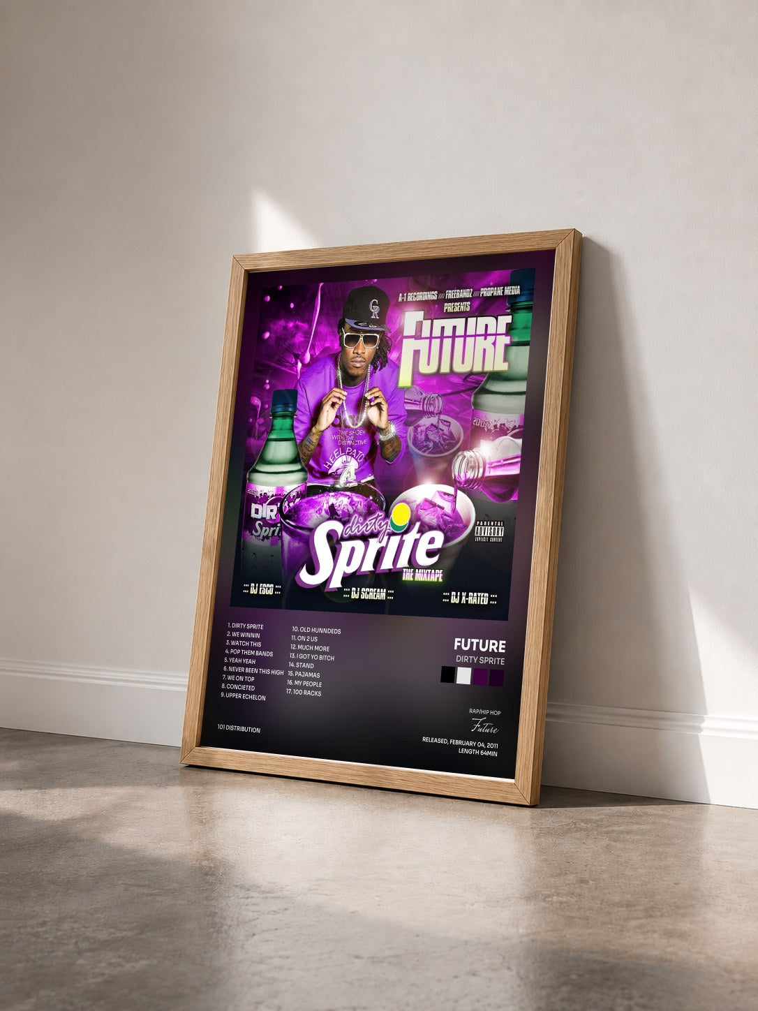 #bois Tableau de l'album Dirty Sprite de Future vu de trois quarts, cadre en bois brut