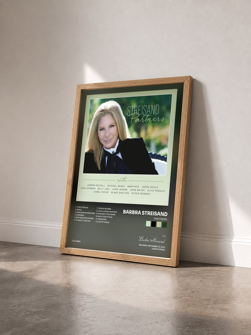 #bois Tableau de l'album Partners de Barbra Streisand vu de trois quarts, cadre en bois brut