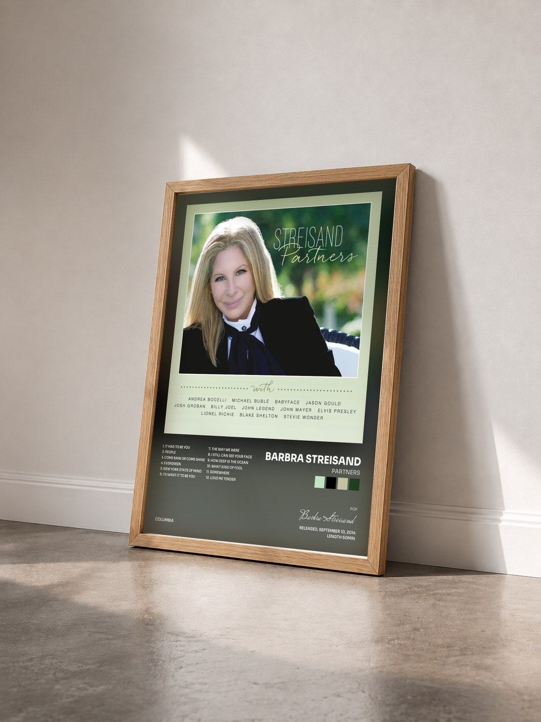 #bois Tableau de l'album Partners de Barbra Streisand vu de trois quarts, cadre en bois brut