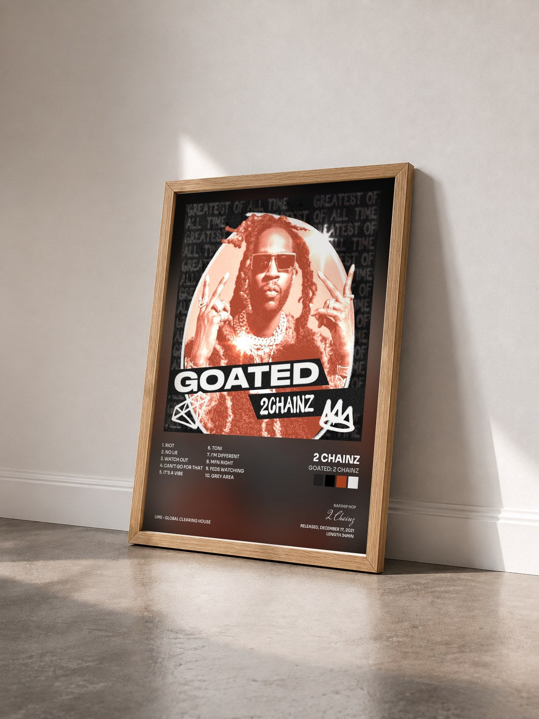 #bois Tableau de l'album GOATED: 2 Chainz de 2 Chainz vu de trois quarts, cadre en bois brut