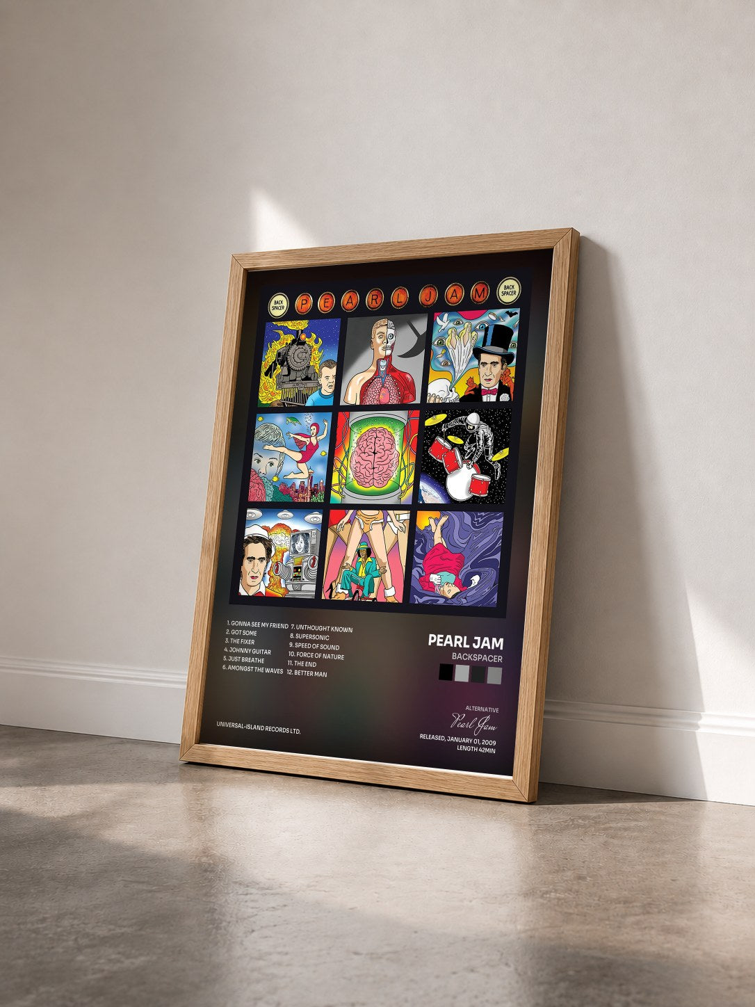 #bois Tableau de l'album Backspacer de Pearl Jam vu de trois quarts, cadre en bois brut