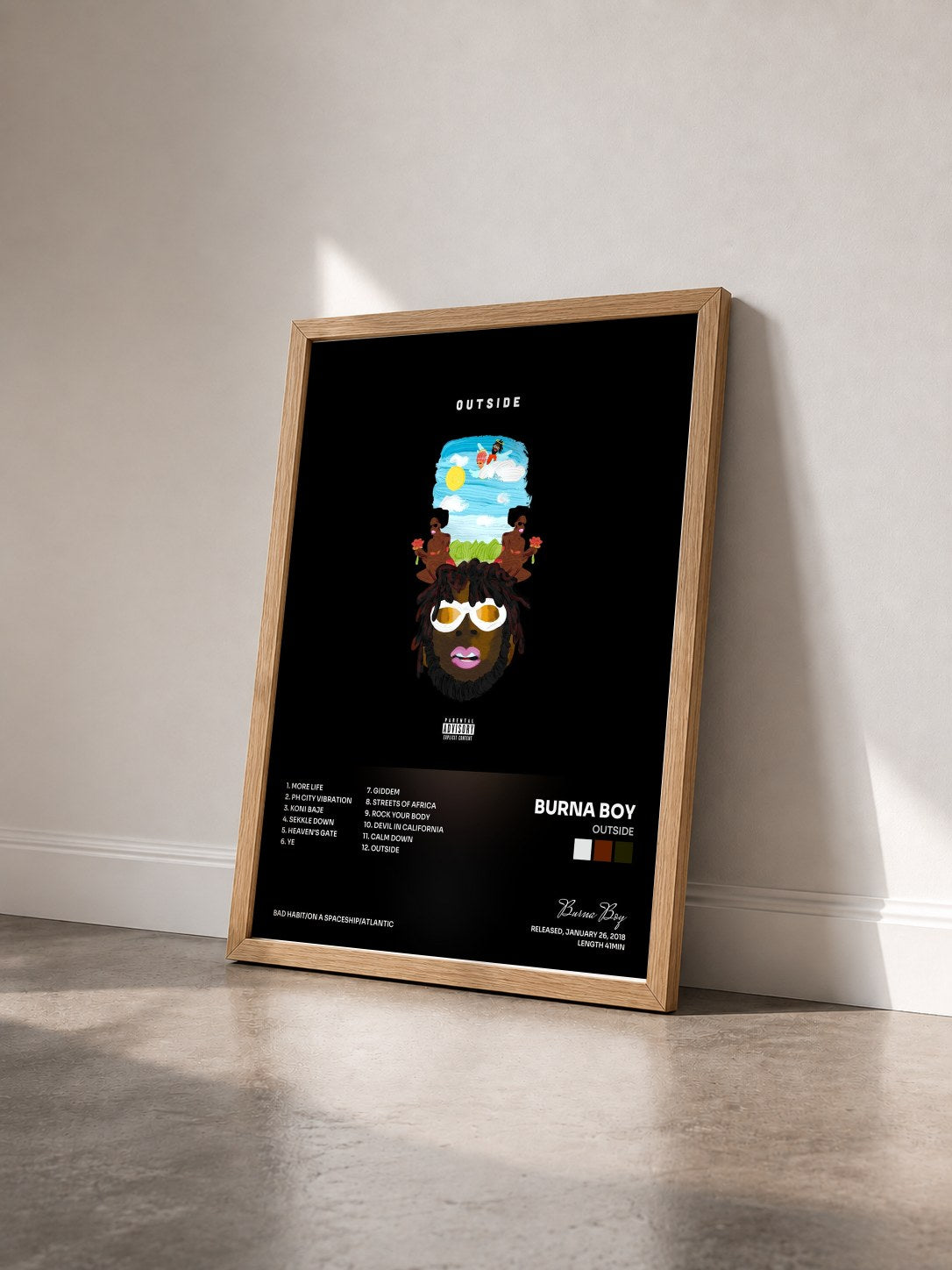 #bois Tableau de l'album Outside de Burna Boy vu de trois quarts, cadre en bois brut