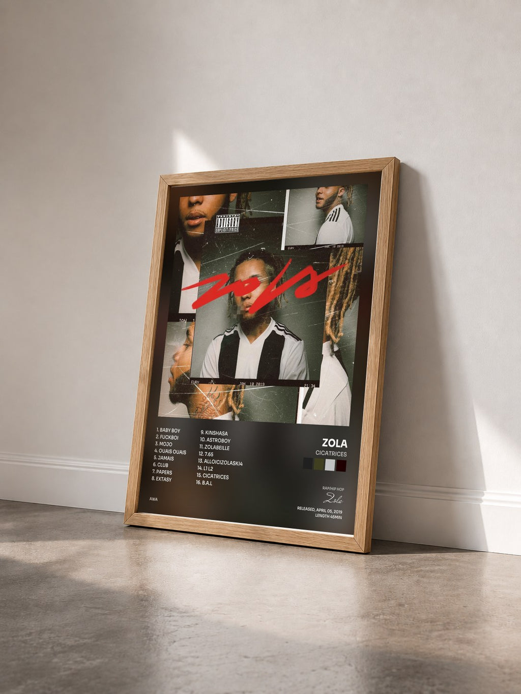 #bois Tableau de l'album Cicatrices de Zola vu de trois quarts, cadre en bois brut
