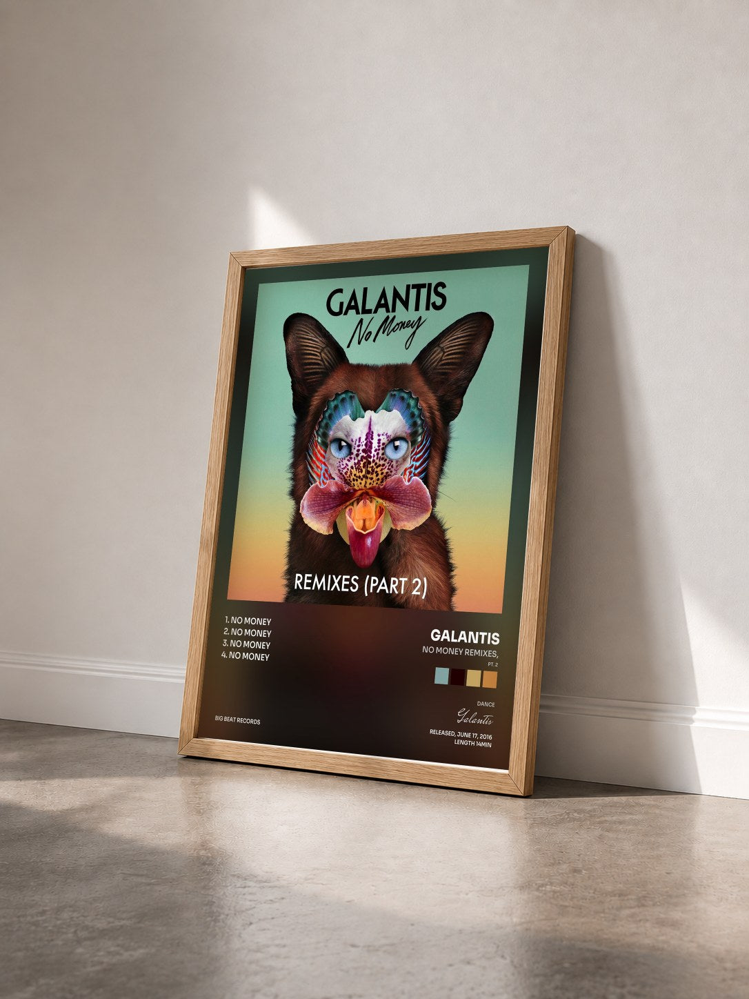 #bois Tableau de l'album No Money Remixes, (Pt. 2) de Galantis vu de trois quarts, cadre en bois brut