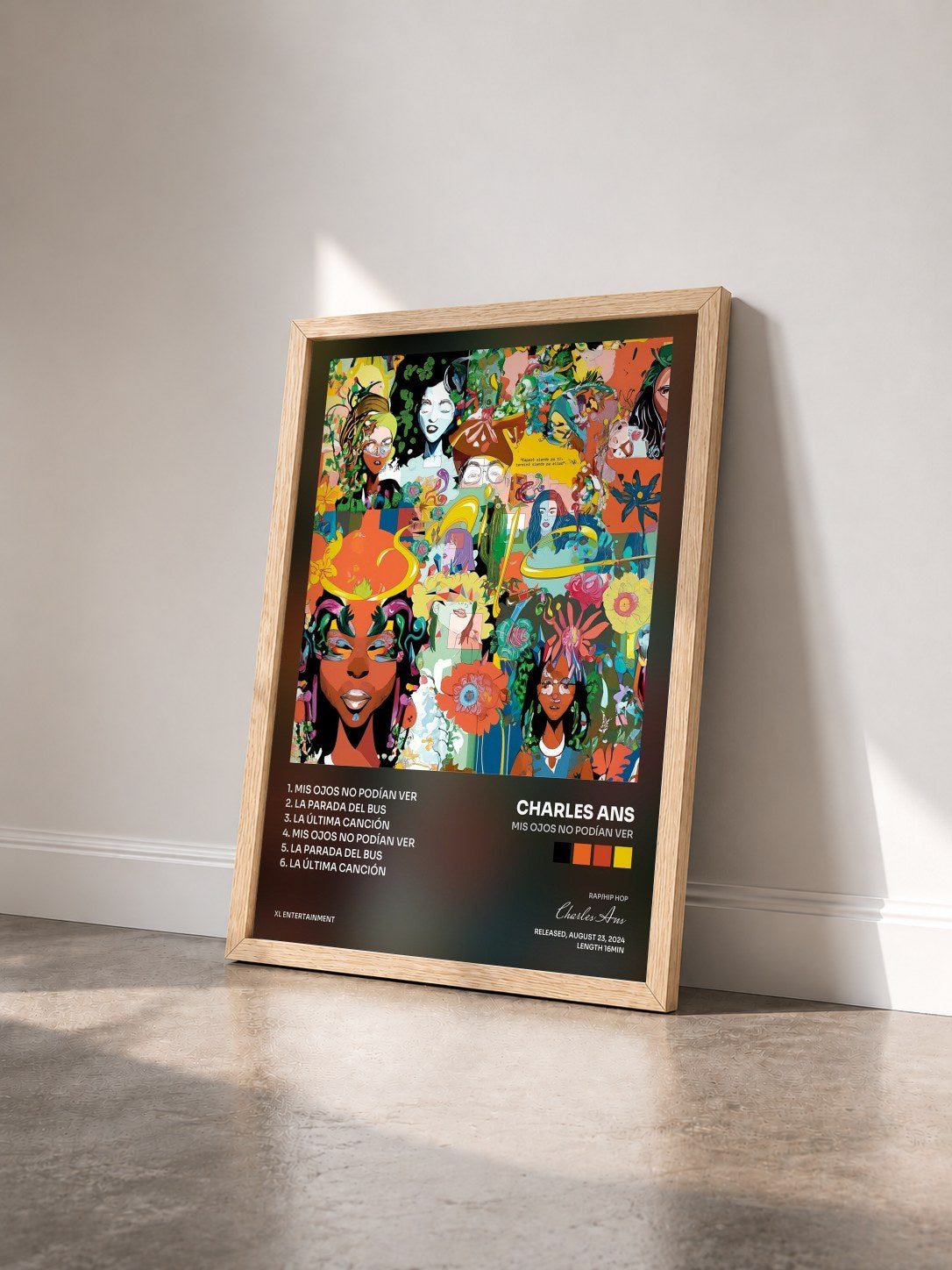 #bois Tableau de l'album Mis Ojos No Podían Ver de Charles Ans vu de trois quarts, cadre en bois brut