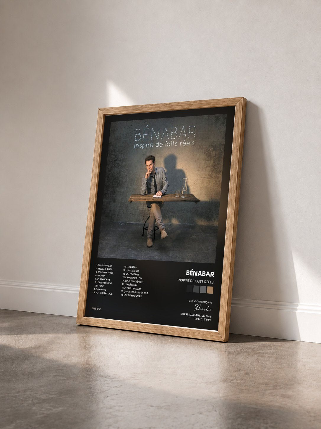 #bois Tableau de l'album Inspiré de faits réels de Bénabar vu de trois quarts, cadre en bois brut