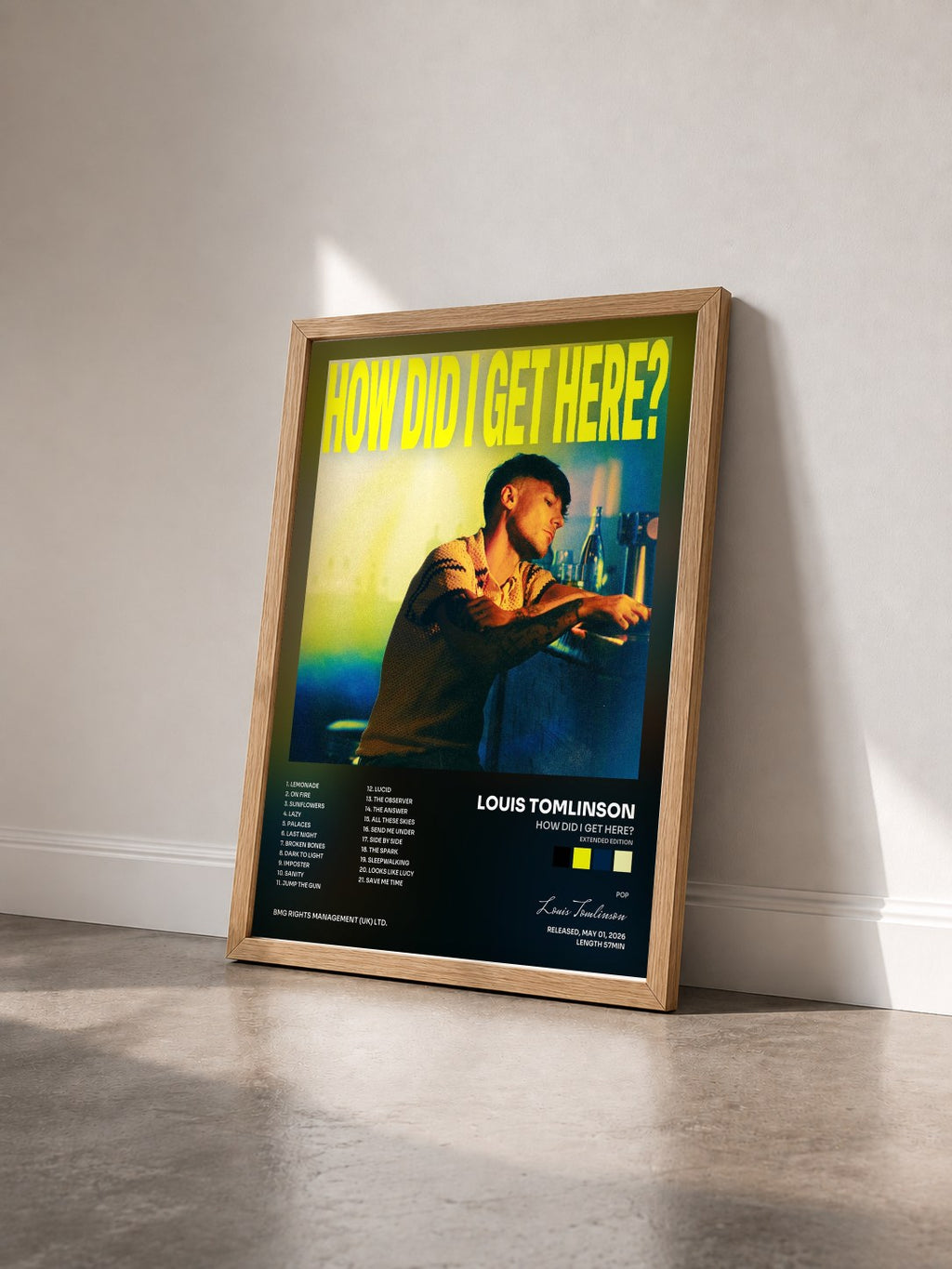 #bois Tableau de l'album How Did I Get Here? (Extended Edition) de Louis Tomlinson vu de trois quarts, cadre en bois brut