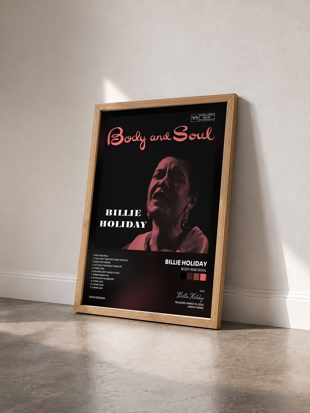 #bois Tableau de l'album Body and Soul de Billie Holiday vu de trois quarts, cadre en bois brut