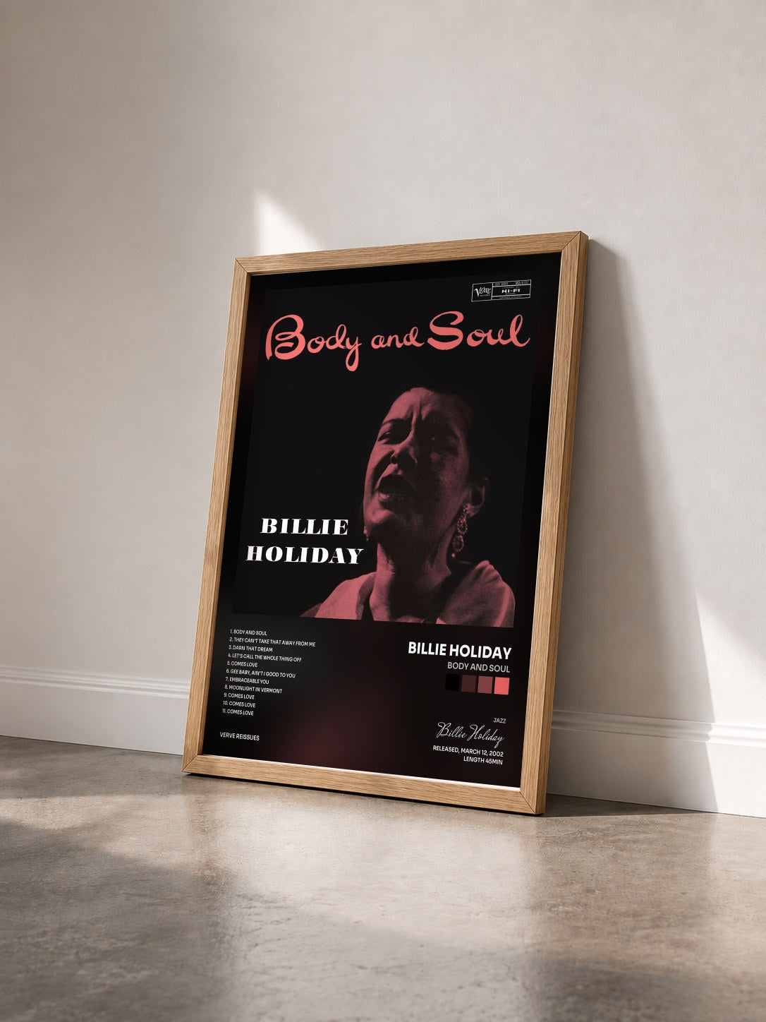 #bois Tableau de l'album Body and Soul de Billie Holiday vu de trois quarts, cadre en bois brut