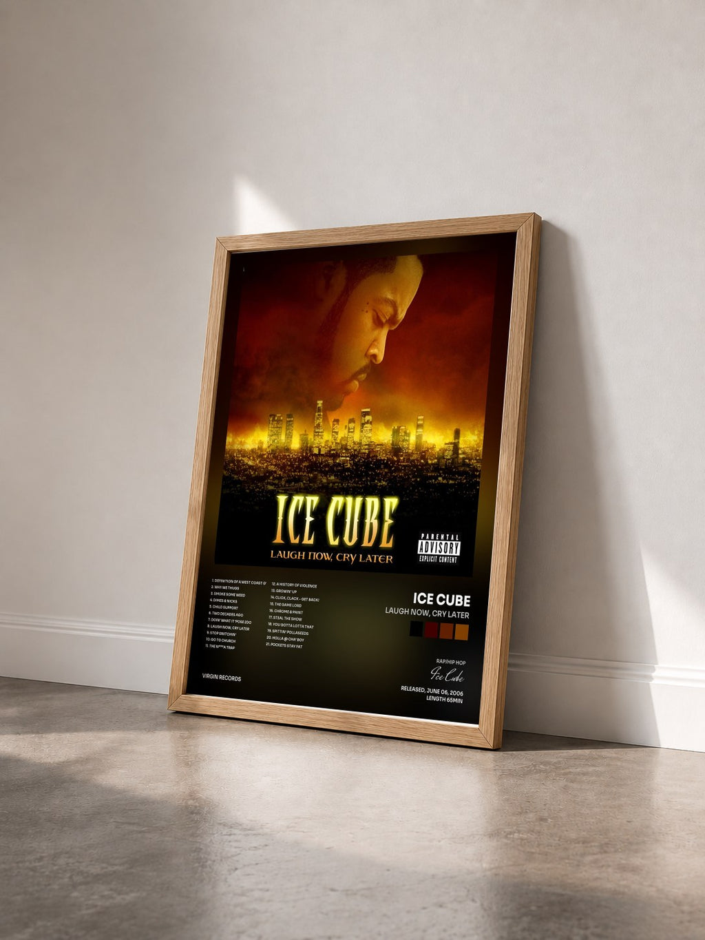 #bois Tableau de l'album Laugh Now, Cry Later de Ice Cube vu de trois quarts, cadre en bois brut