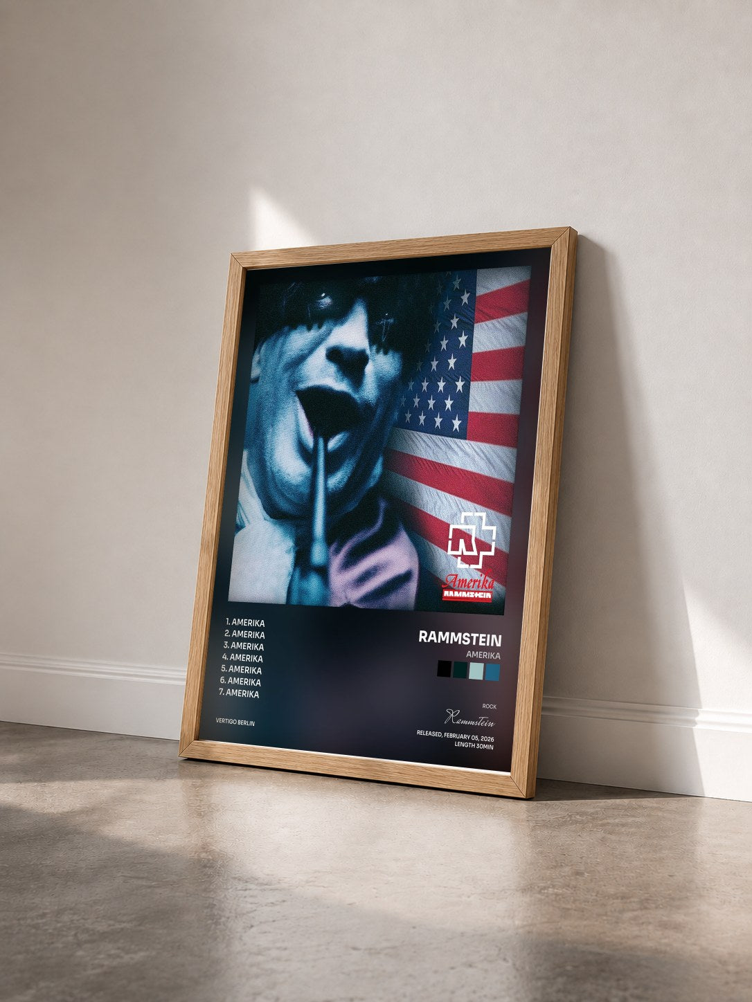#bois Tableau de l'album Amerika de Rammstein vu de trois quarts, cadre en bois brut