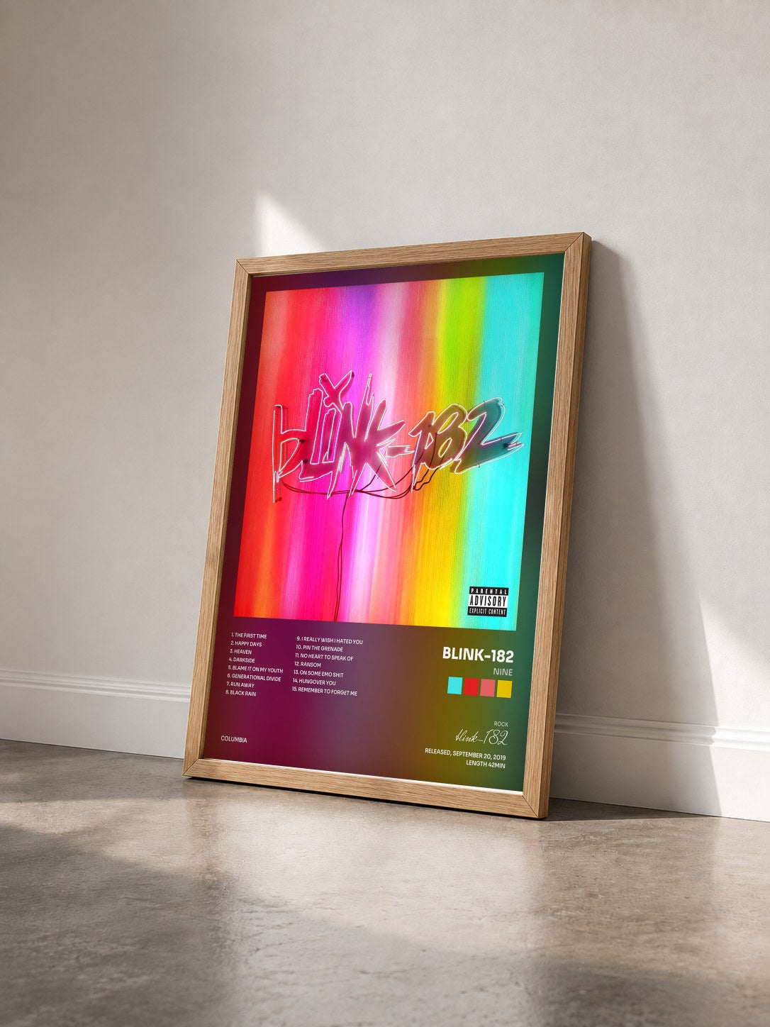 #bois Tableau de l'album NINE de blink-182 vu de trois quarts, cadre en bois brut