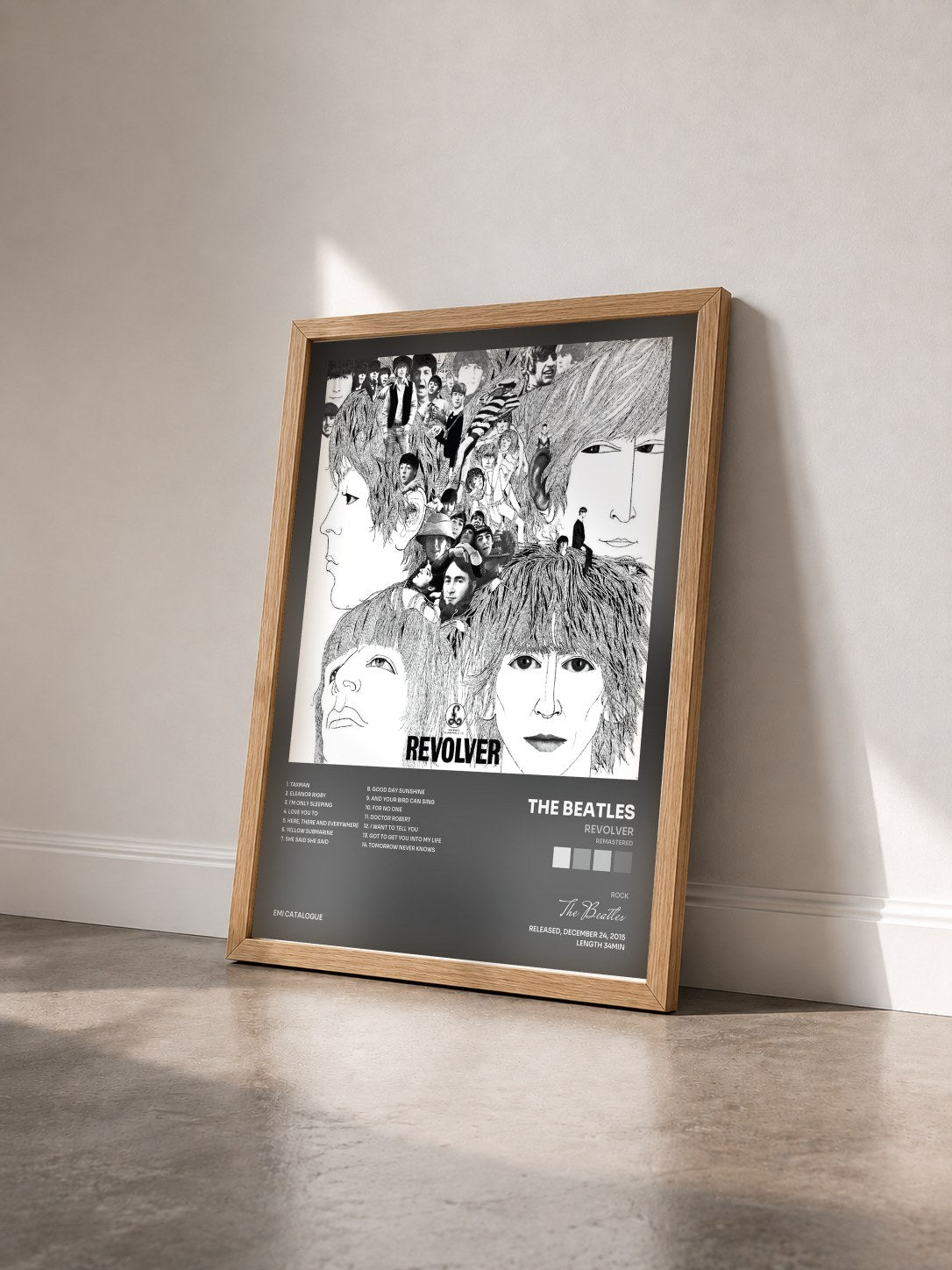 #bois Tableau de l'album Revolver (Remastered) de The Beatles vu de trois quarts, cadre en bois brut