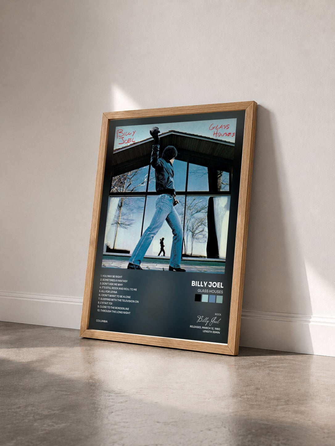 #bois Tableau de l'album Glass Houses de Billy Joel vu de trois quarts, cadre en bois brut