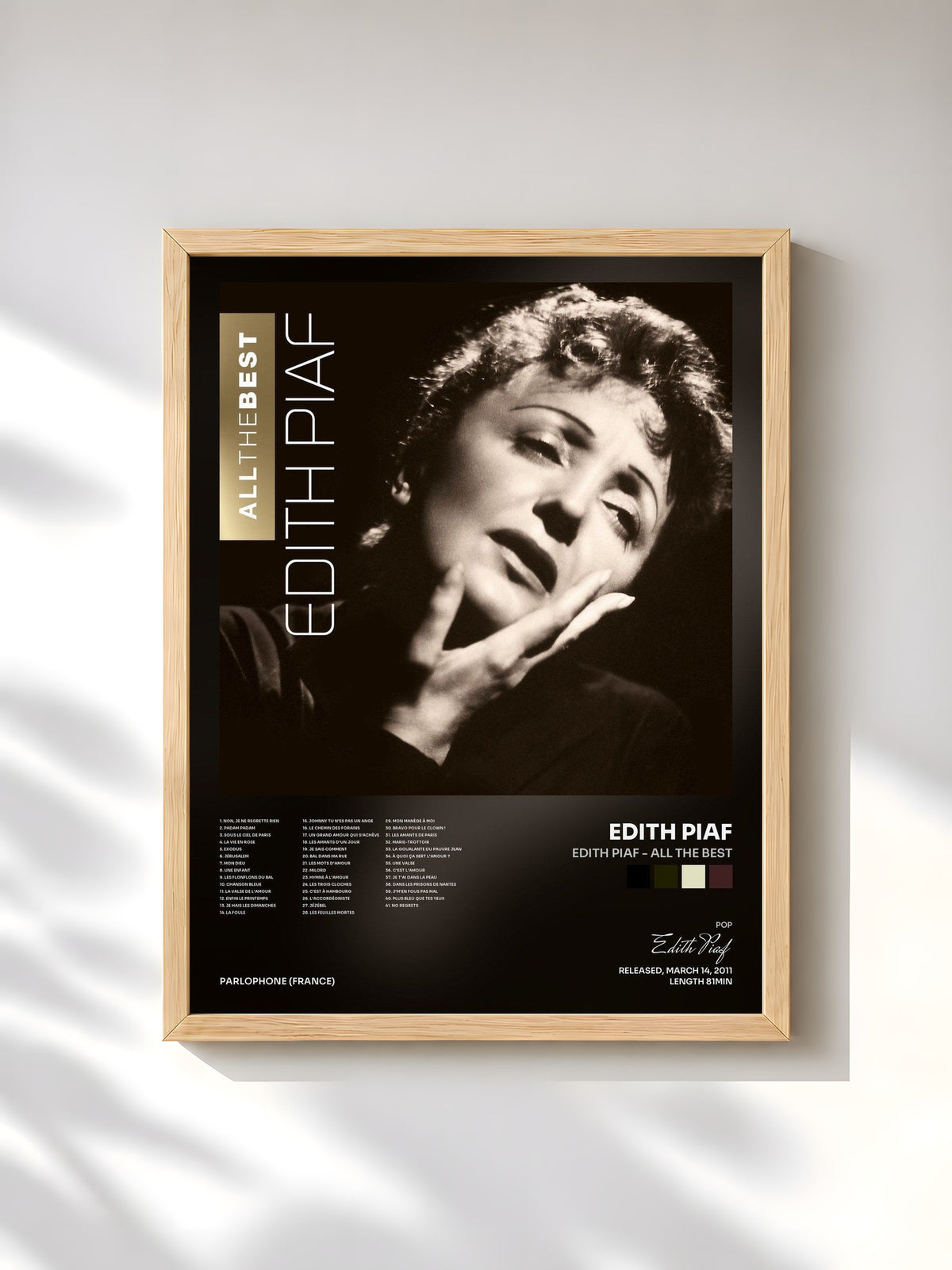 #bois Tableau de l'album Edith Piaf - All The Best de Edith Piaf, cadre en bois brut, imprimé et encadré en France