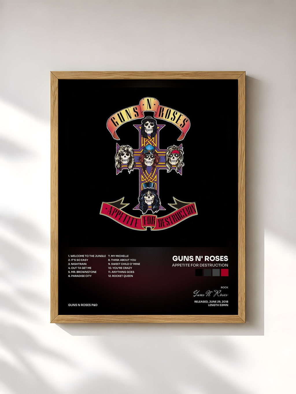 #bois Tableau de l'album Appetite For Destruction de Guns N' Roses, cadre en bois brut, imprimé et encadré en France