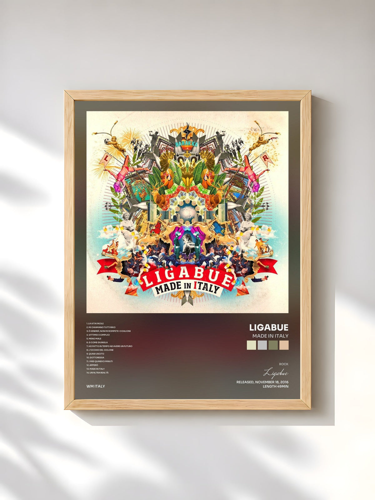 #bois Tableau de l'album Made in Italy de Ligabue, cadre en bois brut, imprimé et encadré en France