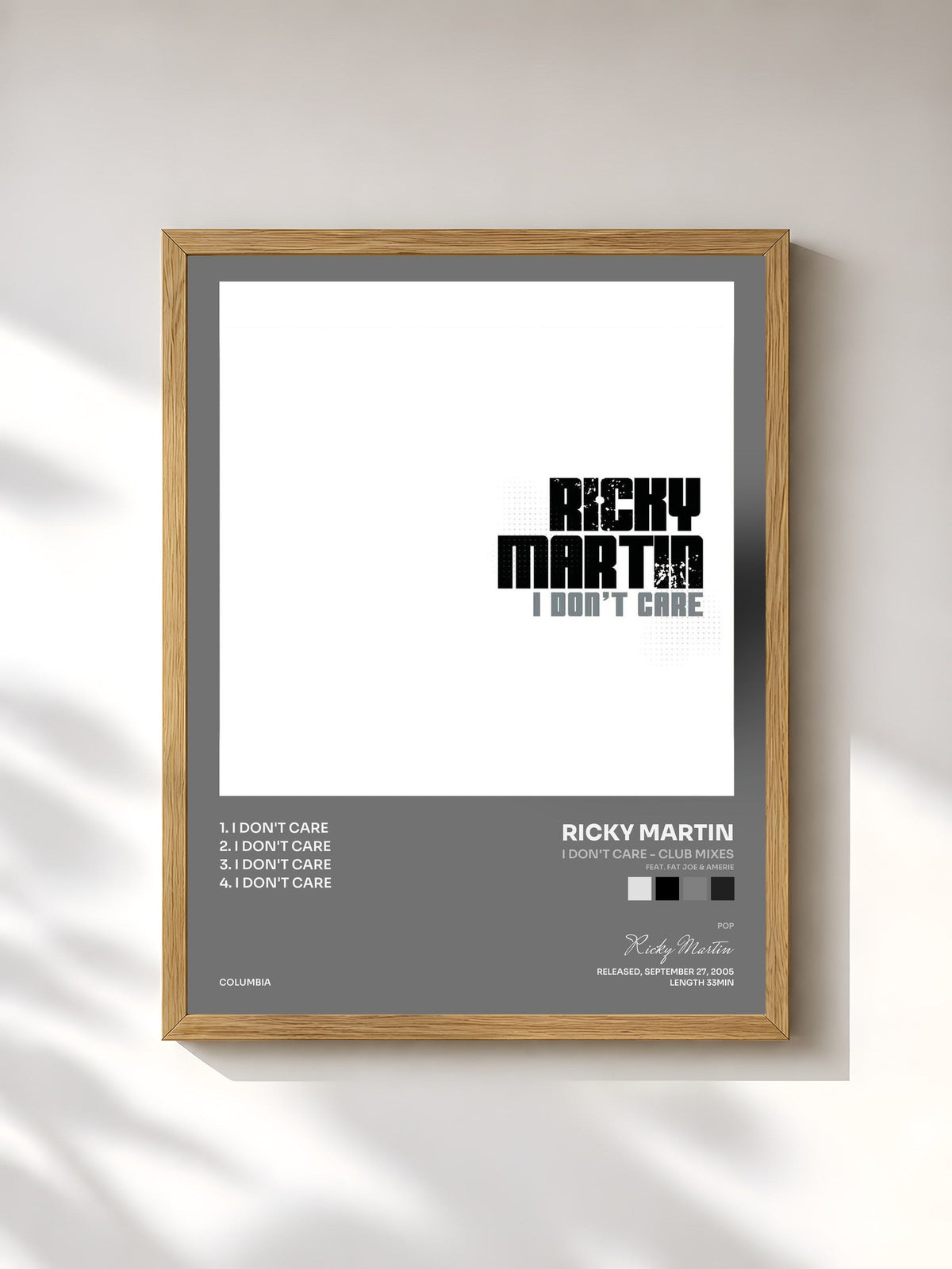 #bois Tableau de l'album I Don't Care - Club Mixes (feat. Fat Joe & Amerie) de Ricky Martin, cadre en bois brut, imprimé et encadré en France
