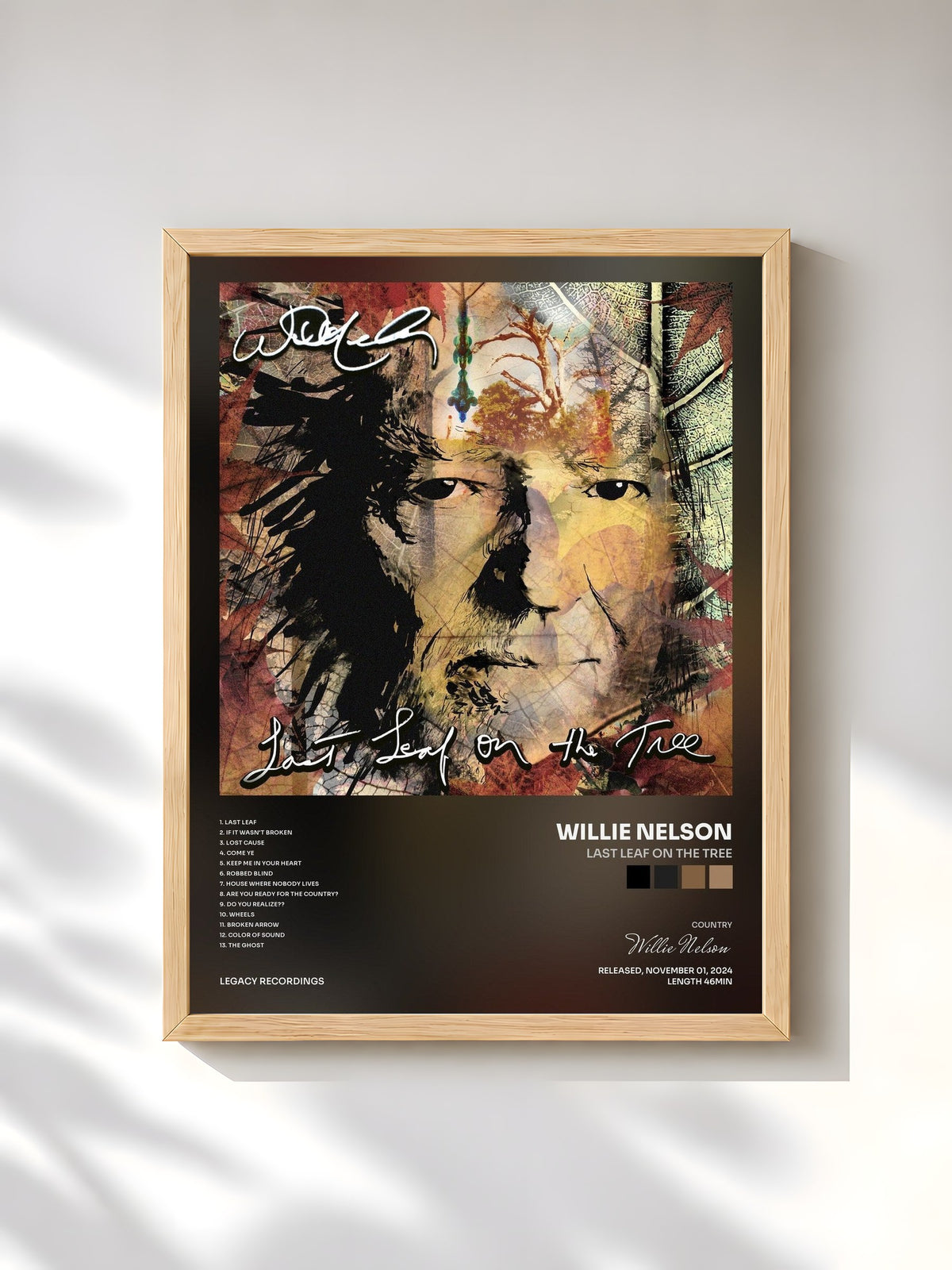 #bois Tableau de l'album Last Leaf On The Tree de Willie Nelson, cadre en bois brut, imprimé et encadré en France