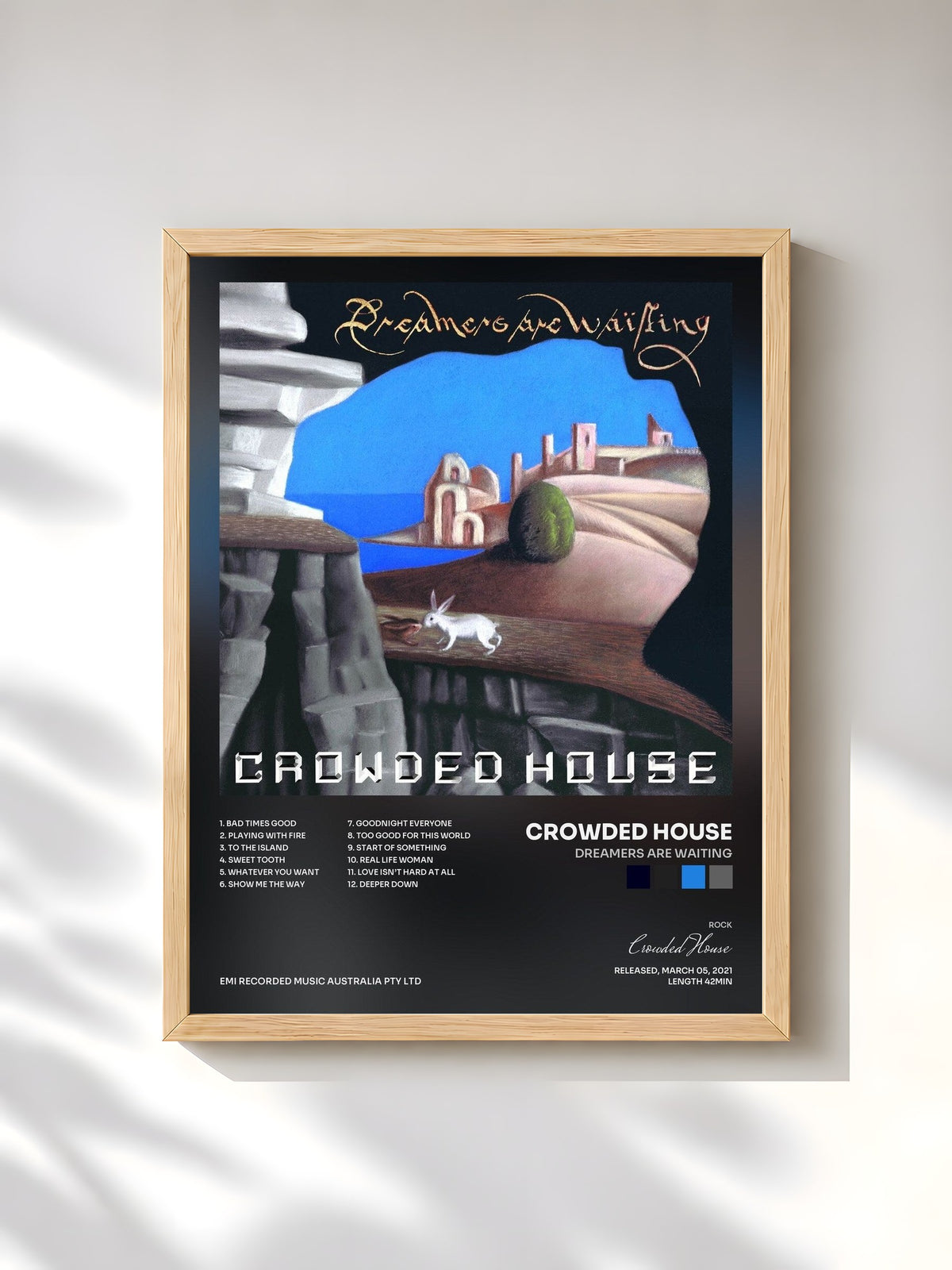 #bois Tableau de l'album Dreamers Are Waiting de Crowded House, cadre en bois brut, imprimé et encadré en France