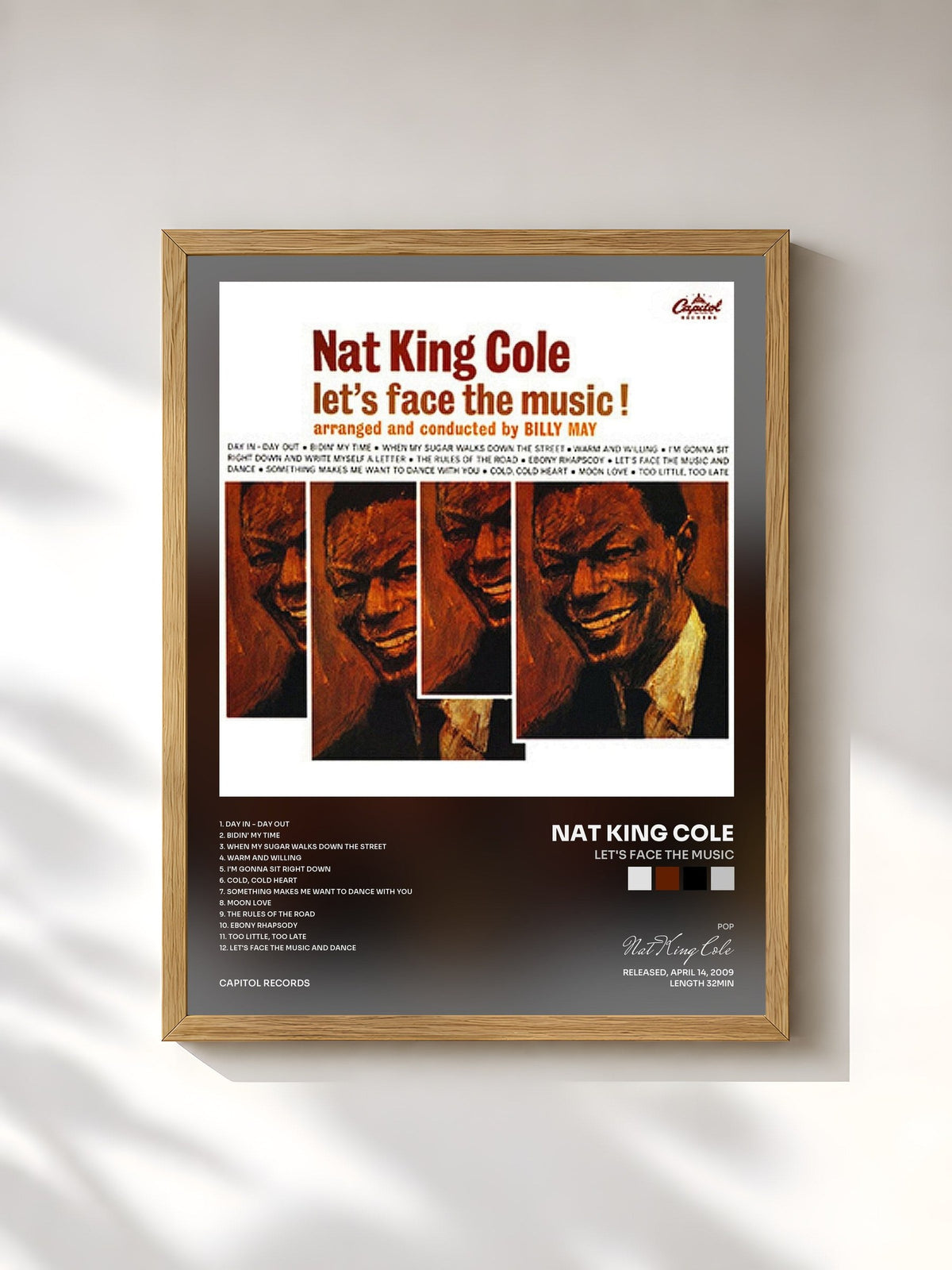 #bois Tableau de l'album Let's Face The Music de Nat King Cole, cadre en bois brut, imprimé et encadré en France