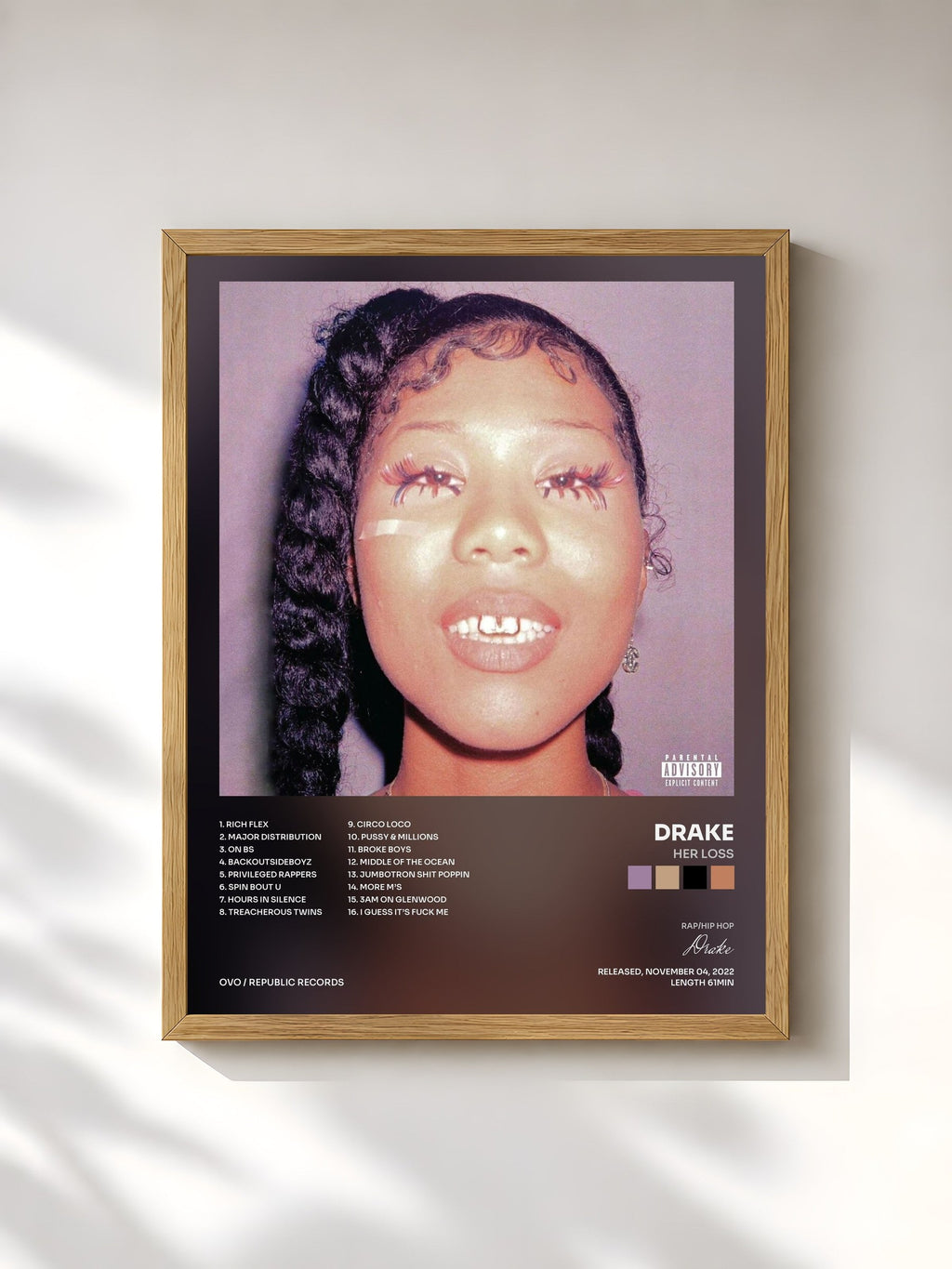 #bois Tableau de l'album Her Loss de Drake, cadre en bois brut, imprimé et encadré en France