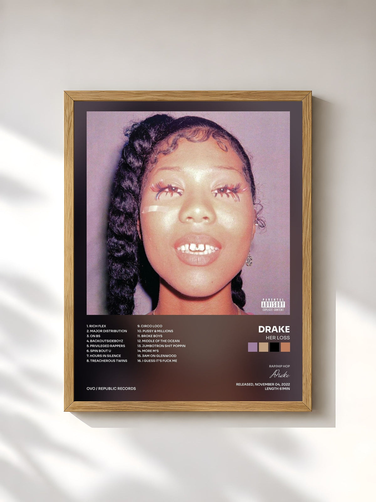 #bois Tableau de l'album Her Loss de Drake, cadre en bois brut, imprimé et encadré en France